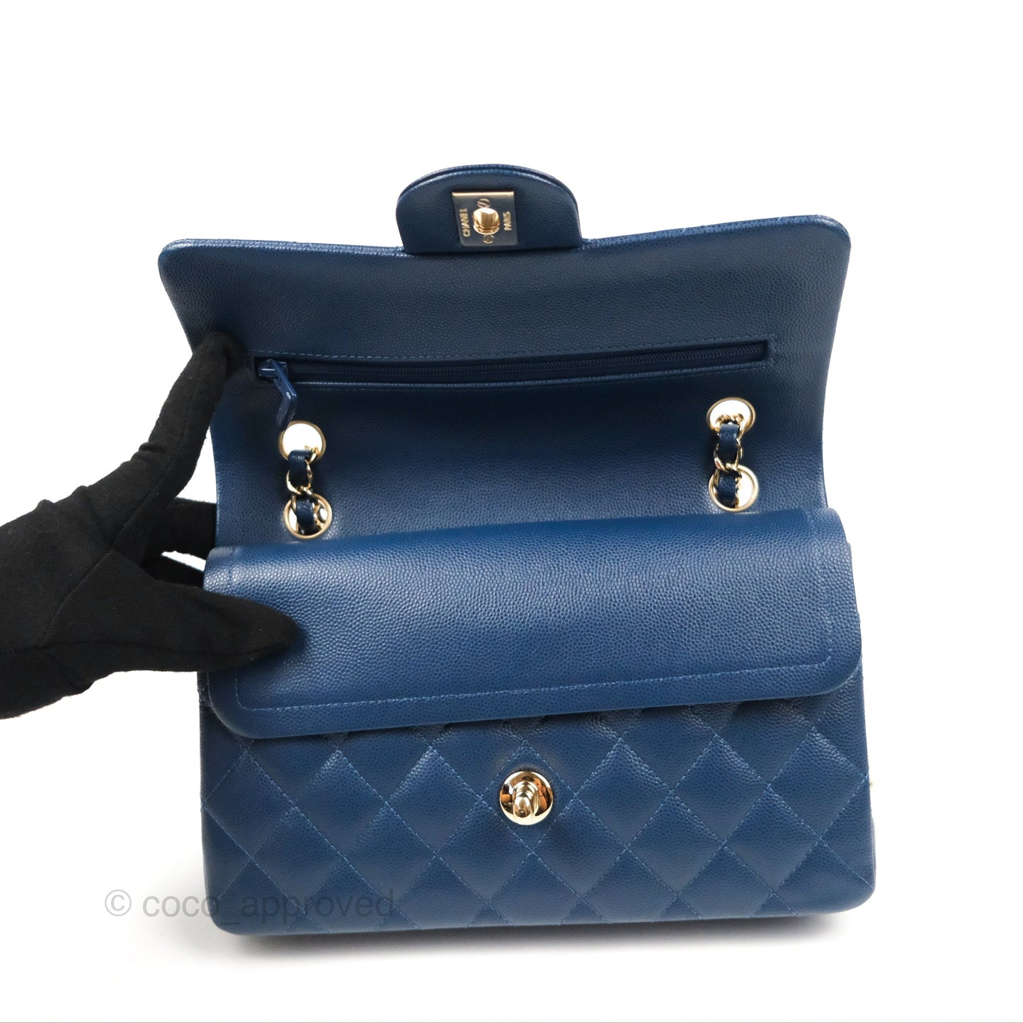 Chanel Small Classic Quilted Flap Navy Caviar Gold Hardware
