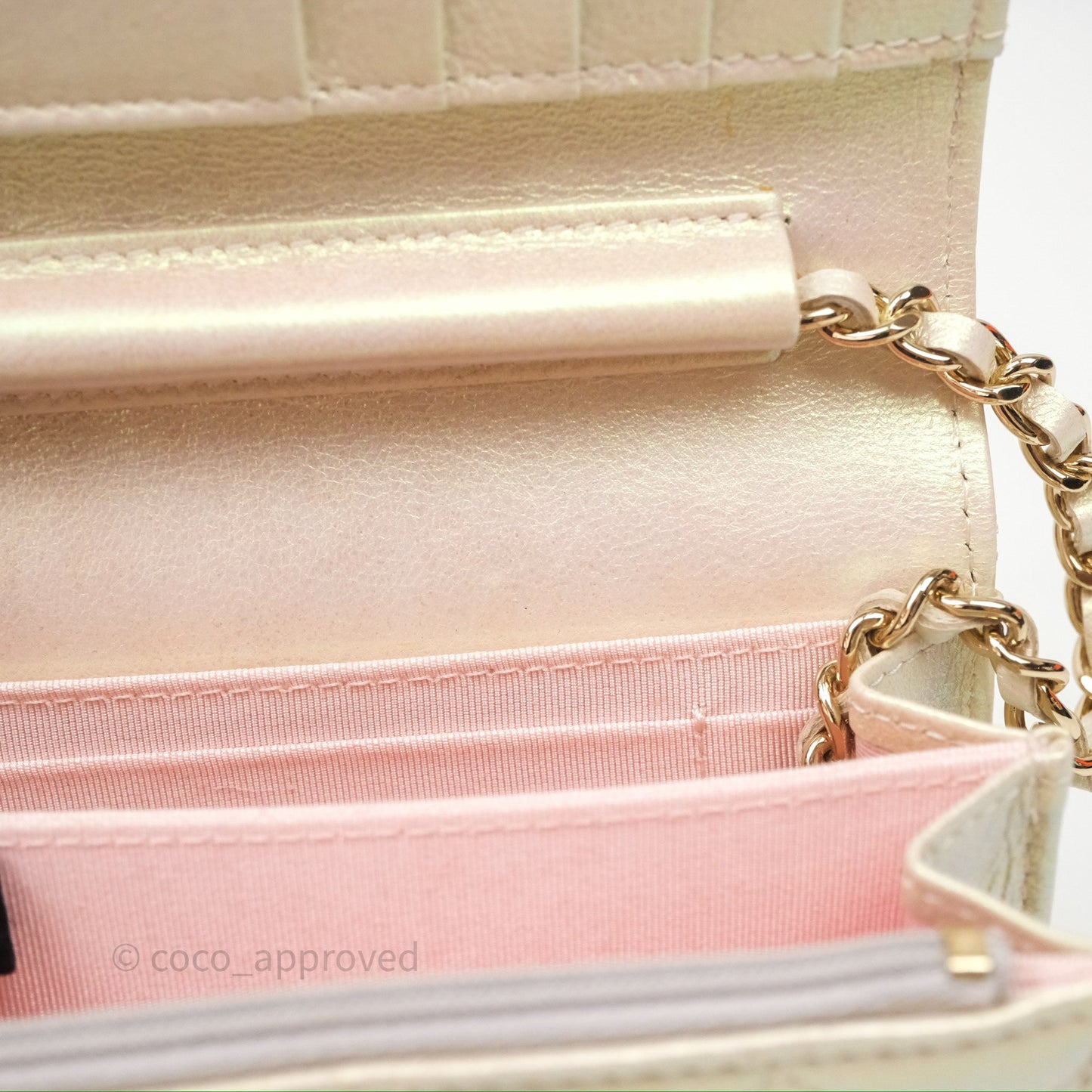 Chanel Quilted Mini Wallet on Chain WOC Iridescent Ivory Gold Hardware
