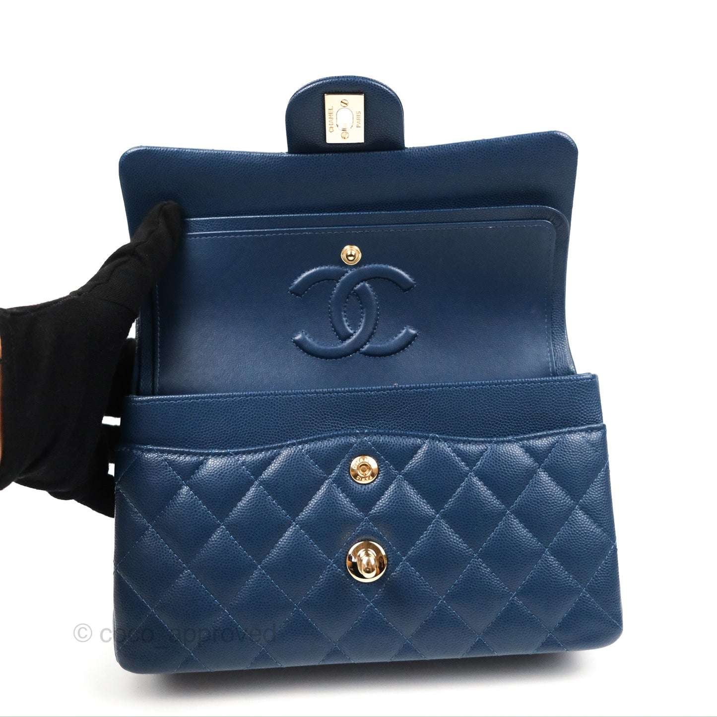 Chanel Small Classic Quilted Flap Navy Caviar Gold Hardware
