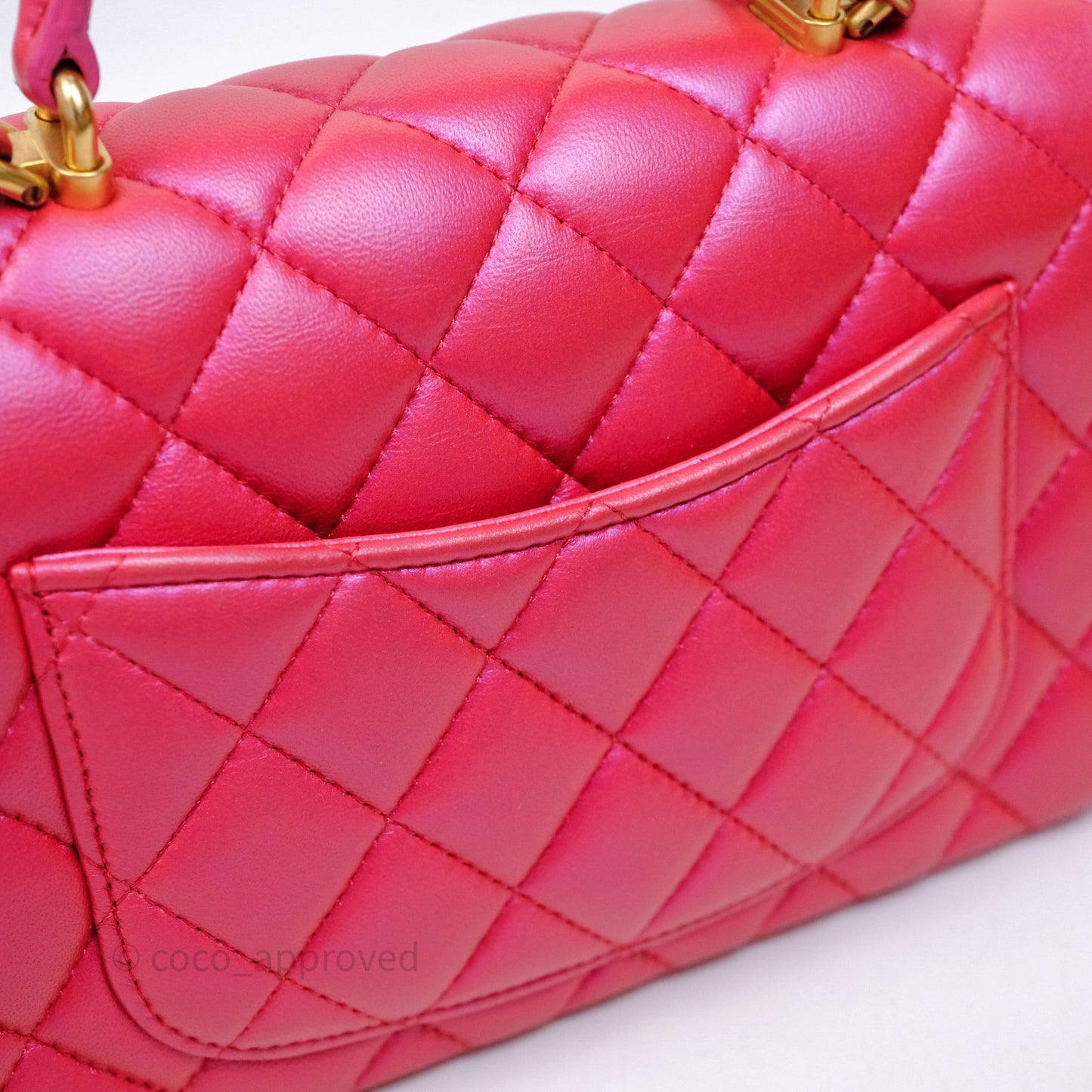 Chanel Top Handle Mini Rectangular Flap Bag Iridescent Dark Pink Lambskin Aged Gold Hardware