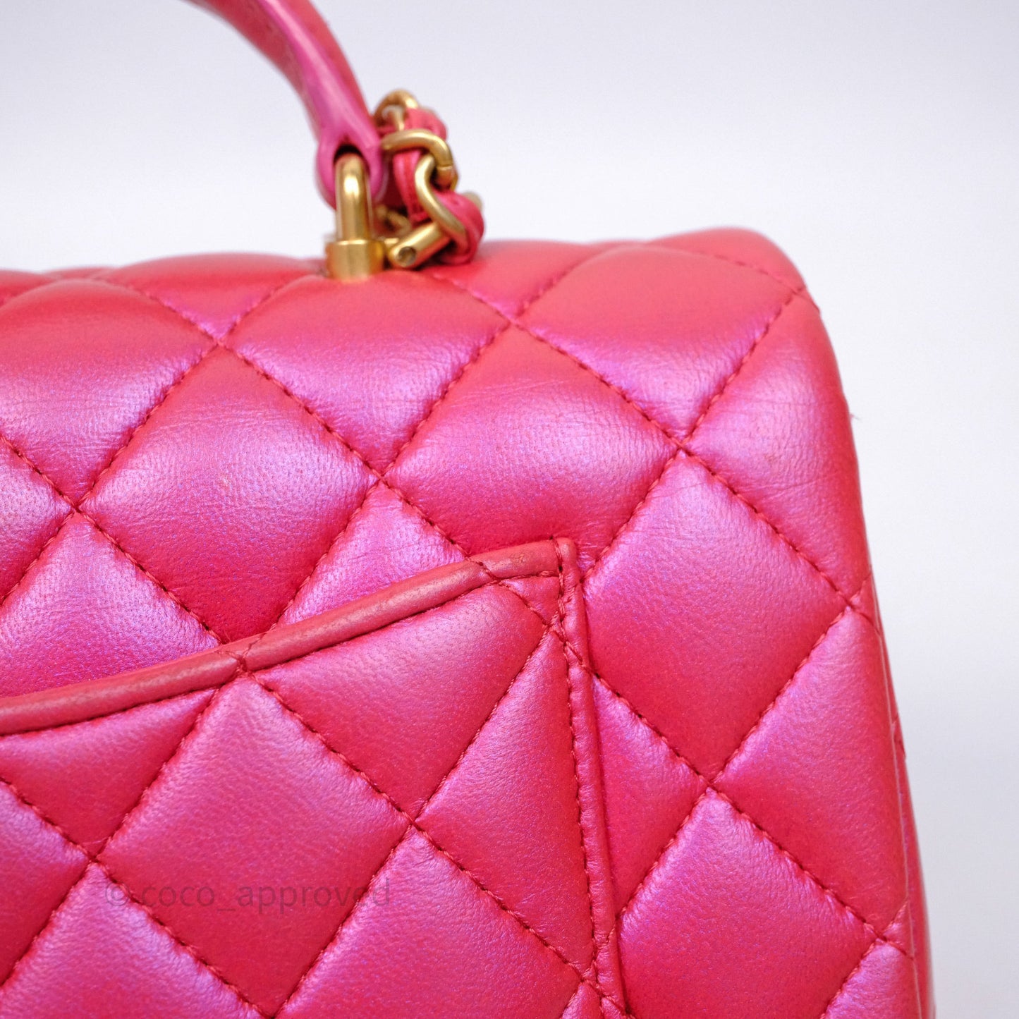 Chanel Top Handle Mini Rectangular Flap Bag Iridescent Dark Pink Lambskin Aged Gold Hardware