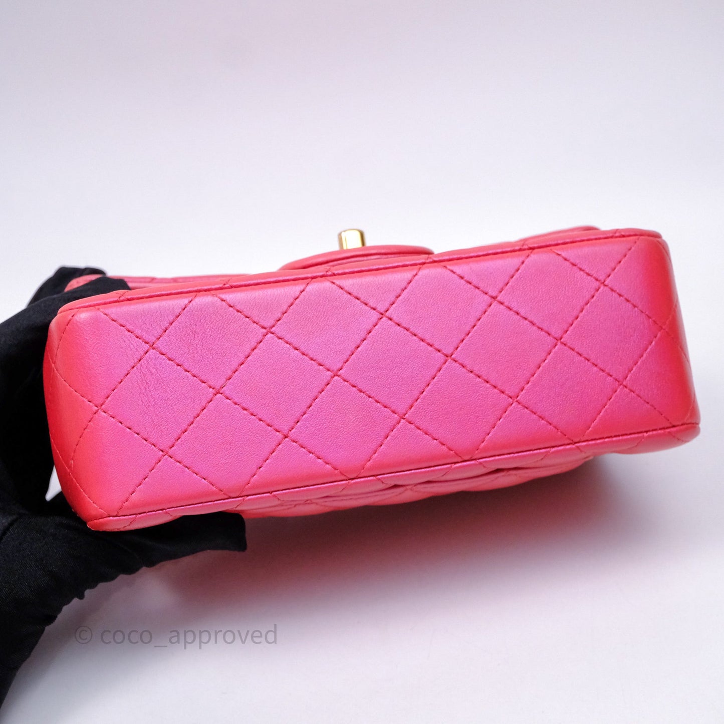 Chanel Top Handle Mini Rectangular Flap Bag Iridescent Dark Pink Lambskin Aged Gold Hardware