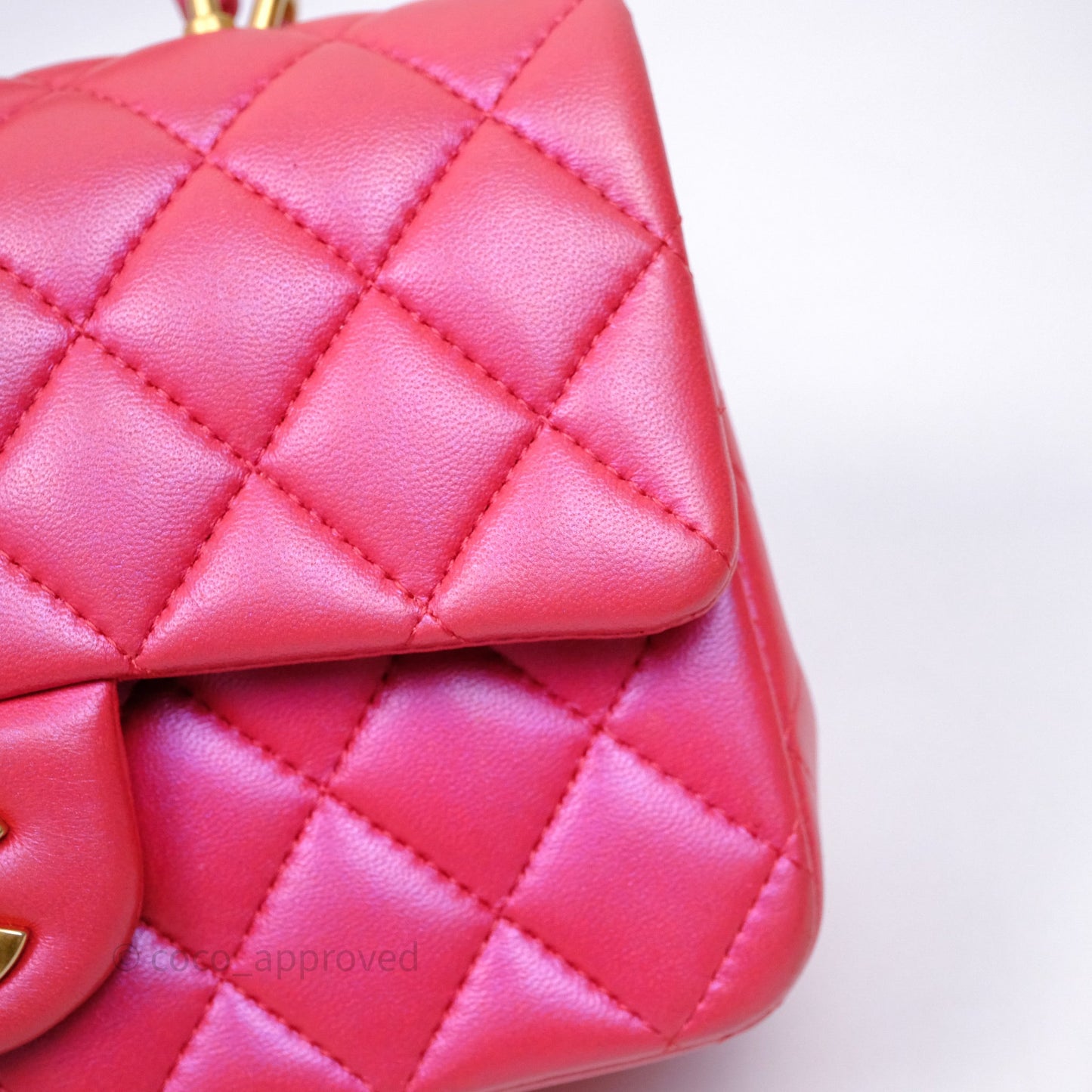 Chanel Top Handle Mini Rectangular Flap Bag Iridescent Dark Pink Lambskin Aged Gold Hardware