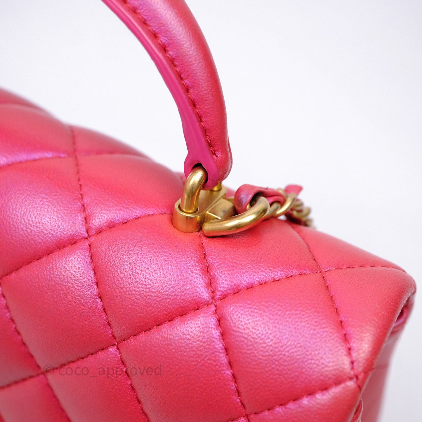 Chanel Top Handle Mini Rectangular Flap Bag Iridescent Dark Pink Lambskin Aged Gold Hardware