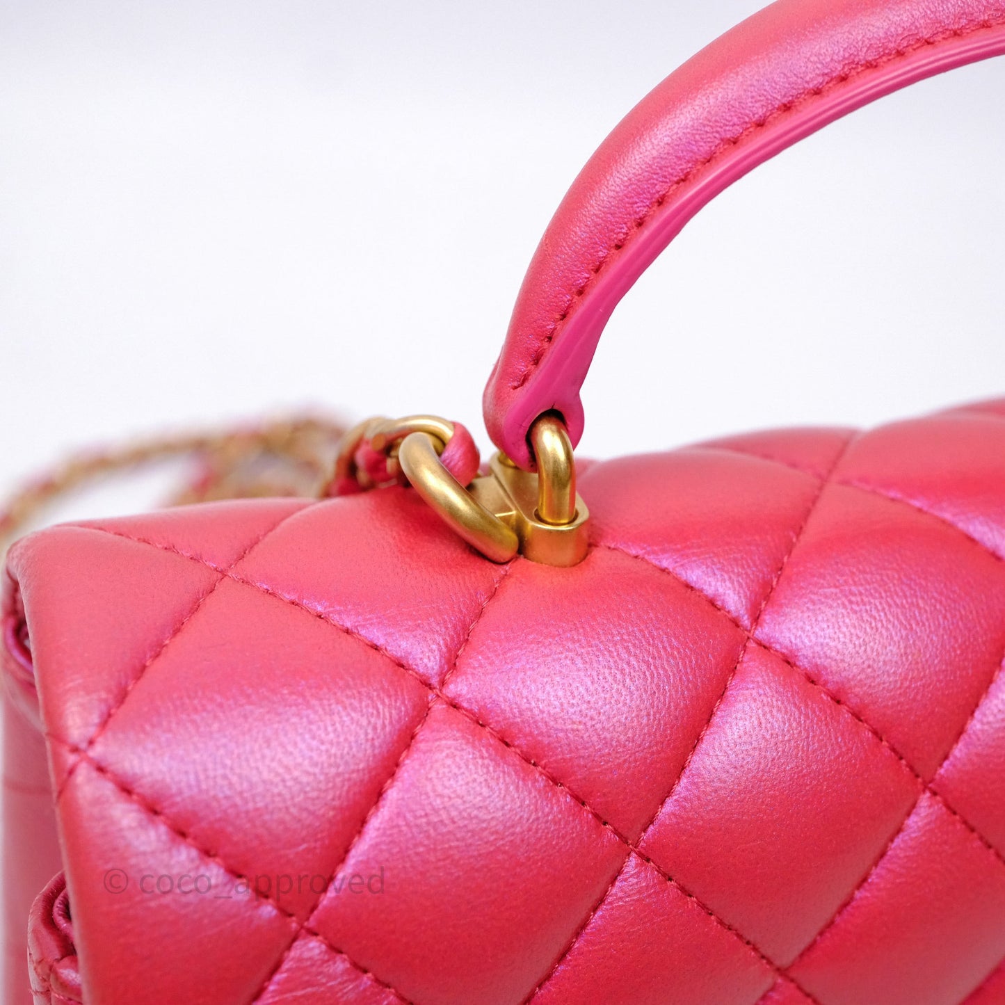 Chanel Top Handle Mini Rectangular Flap Bag Iridescent Dark Pink Lambskin Aged Gold Hardware