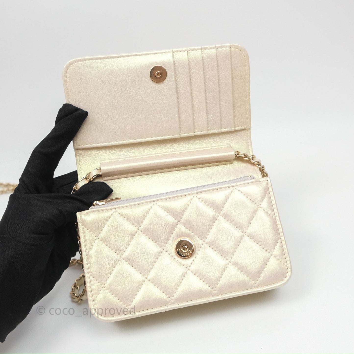 Chanel Quilted Mini Wallet on Chain WOC Iridescent Ivory Gold Hardware