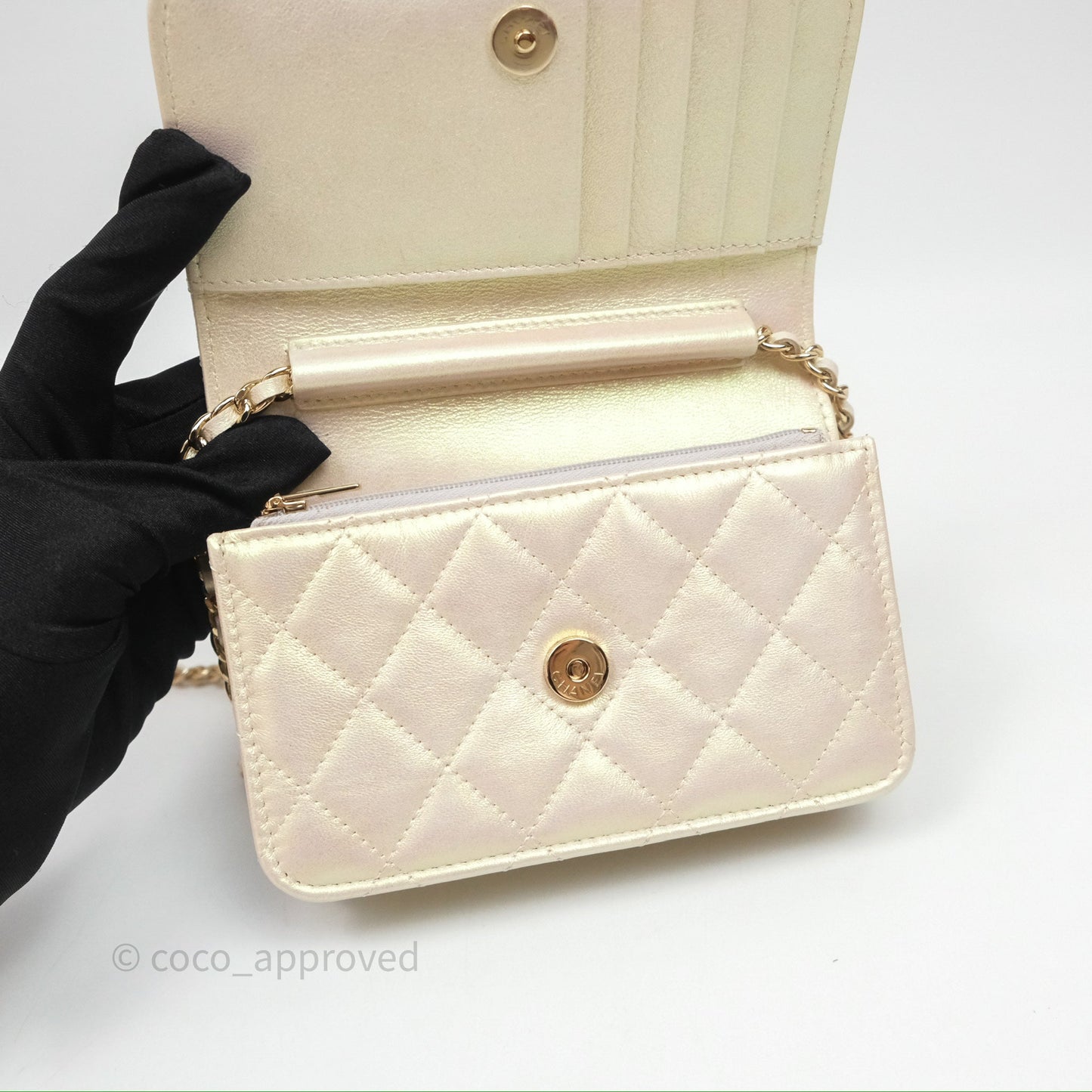 Chanel Quilted Mini Wallet on Chain WOC Iridescent Ivory Gold Hardware