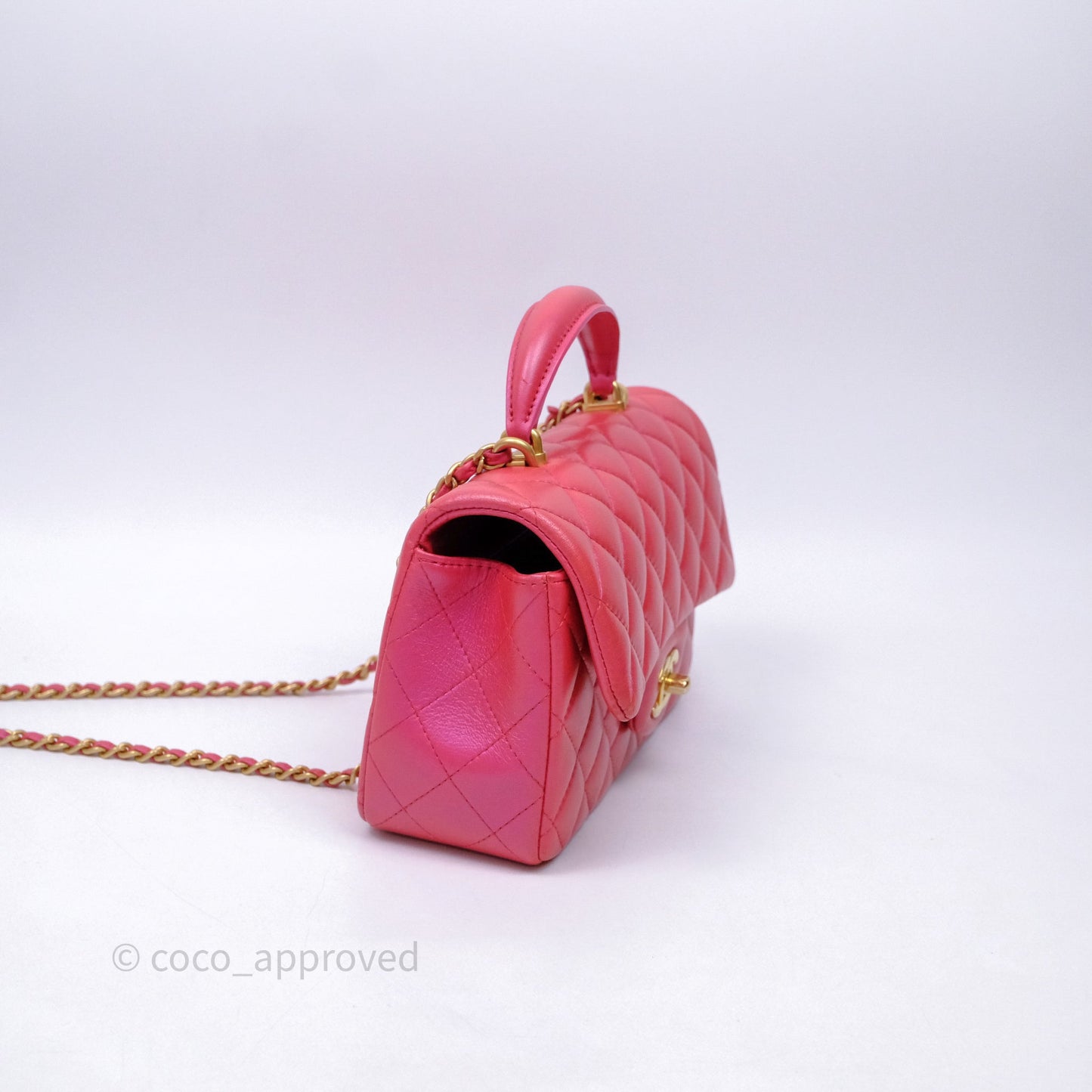 Chanel Top Handle Mini Rectangular Flap Bag Iridescent Dark Pink Lambskin Aged Gold Hardware
