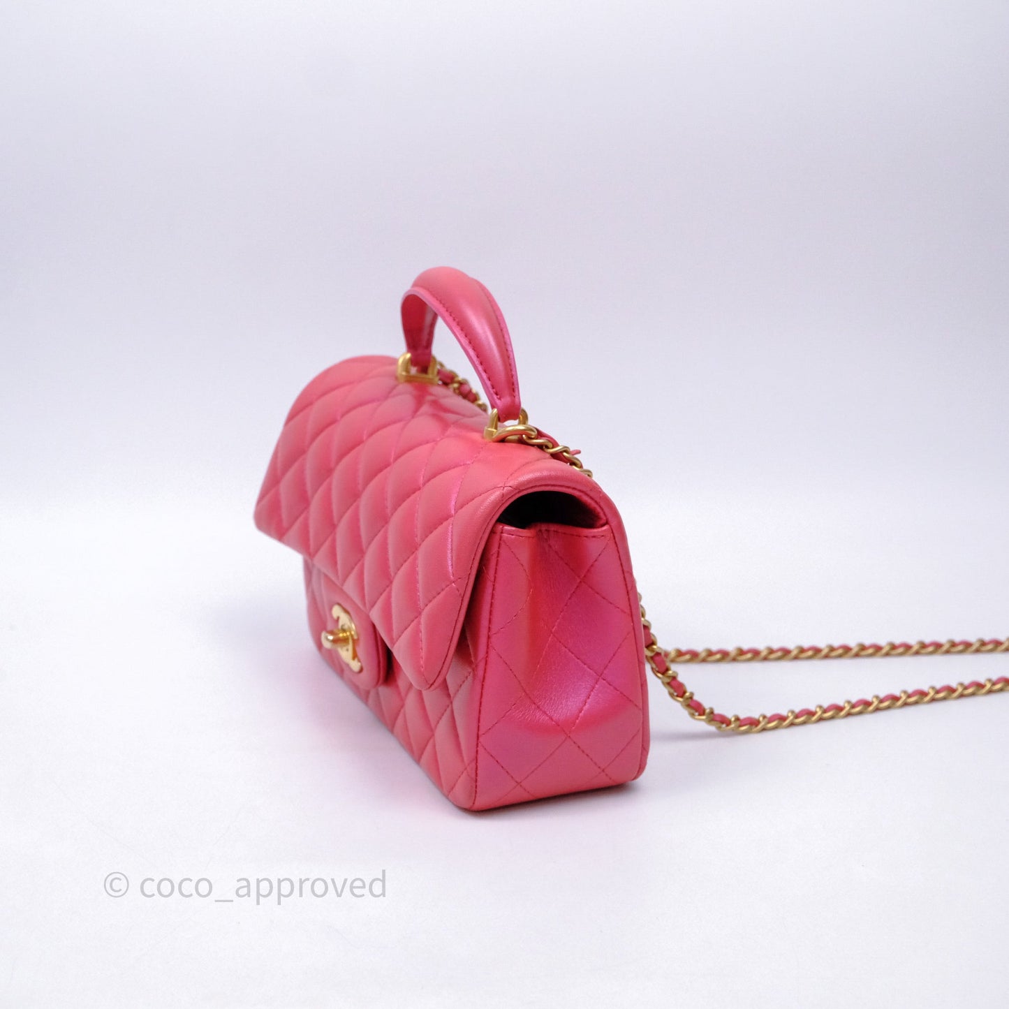 Chanel Top Handle Mini Rectangular Flap Bag Iridescent Dark Pink Lambskin Aged Gold Hardware