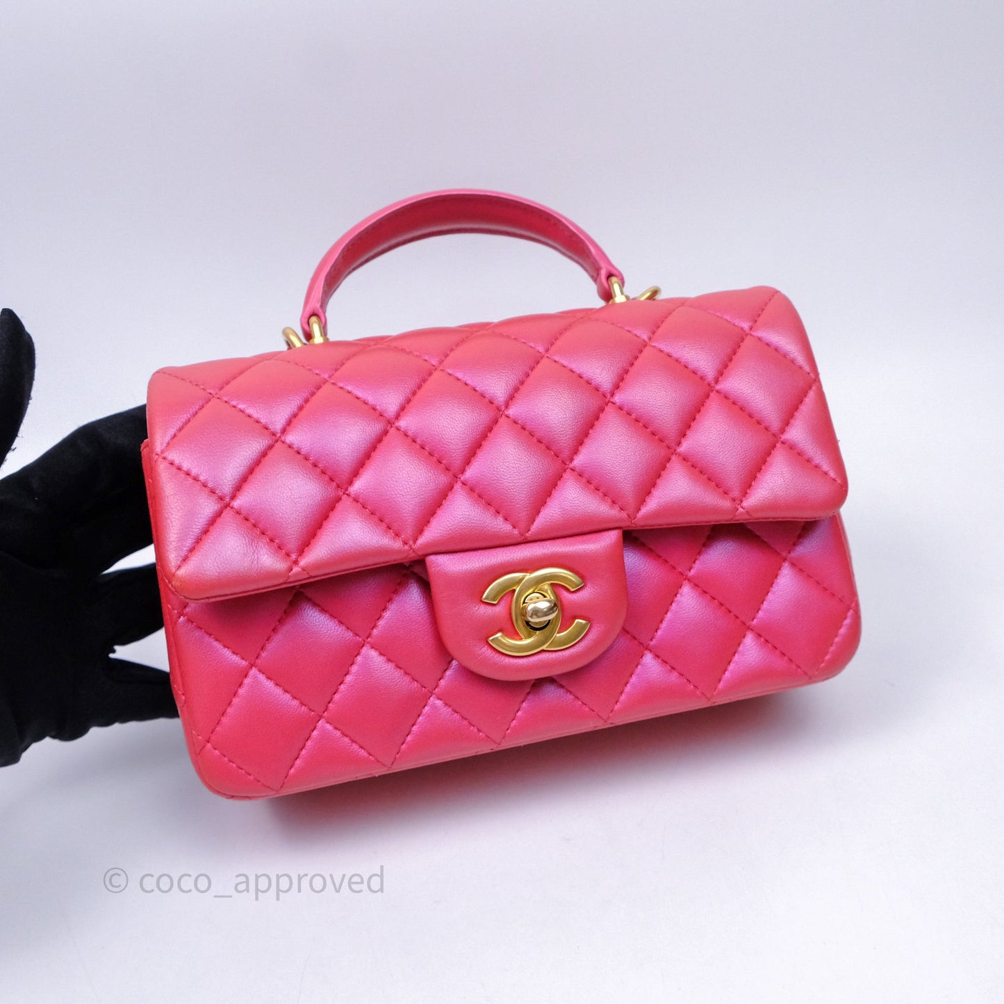 Chanel Top Handle Mini Rectangular Flap Bag Iridescent Dark Pink Lambskin Aged Gold Hardware