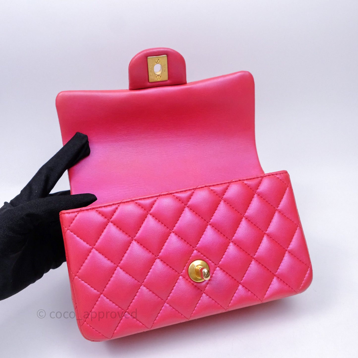 Chanel Top Handle Mini Rectangular Flap Bag Iridescent Dark Pink Lambskin Aged Gold Hardware