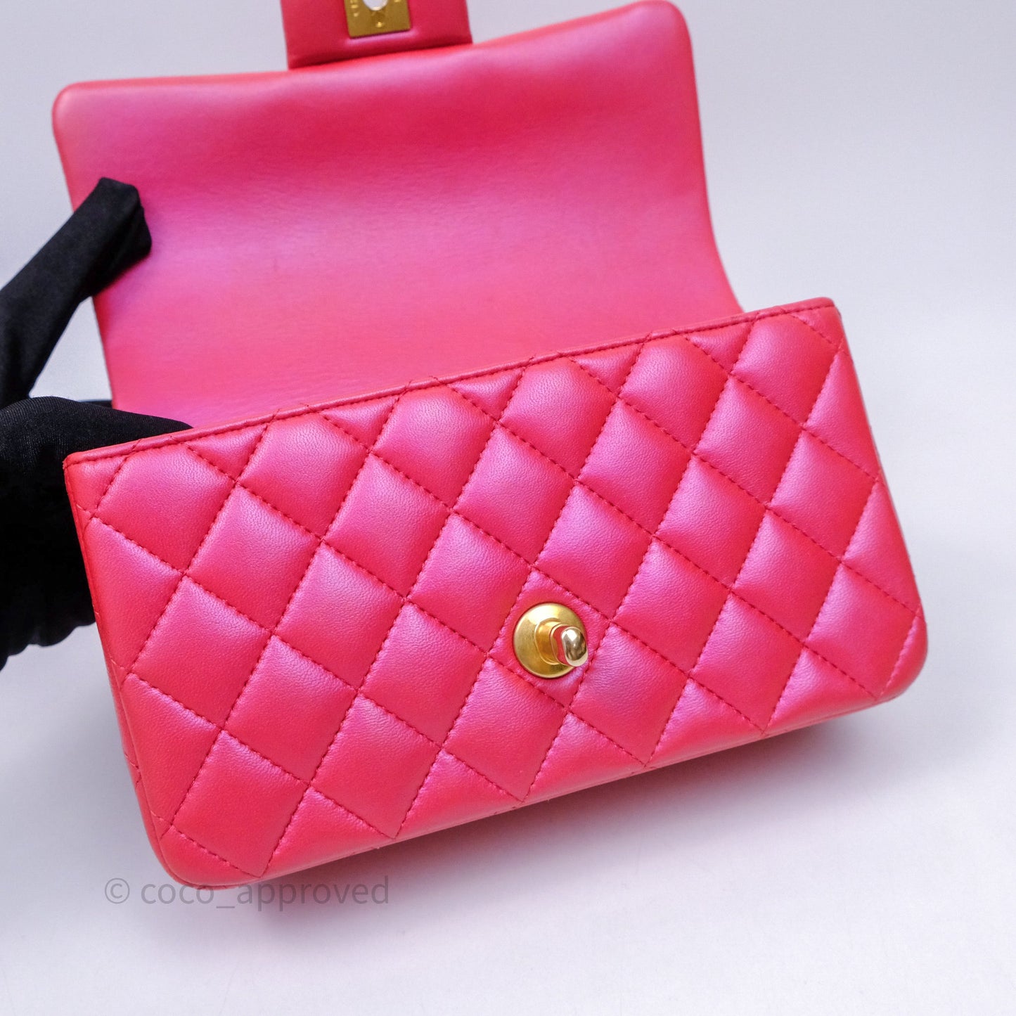 Chanel Top Handle Mini Rectangular Flap Bag Iridescent Dark Pink Lambskin Aged Gold Hardware