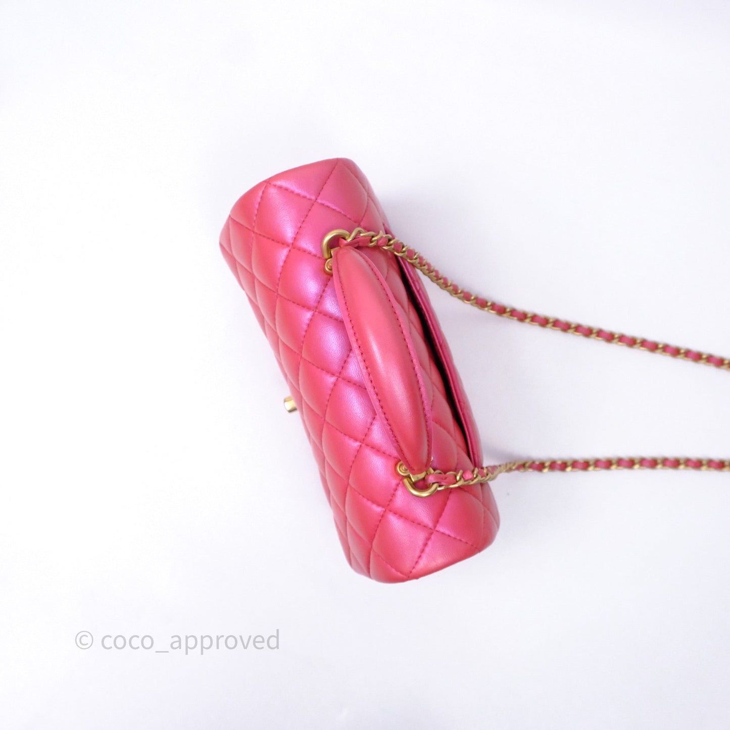 Chanel Top Handle Mini Rectangular Flap Bag Iridescent Dark Pink Lambskin Aged Gold Hardware