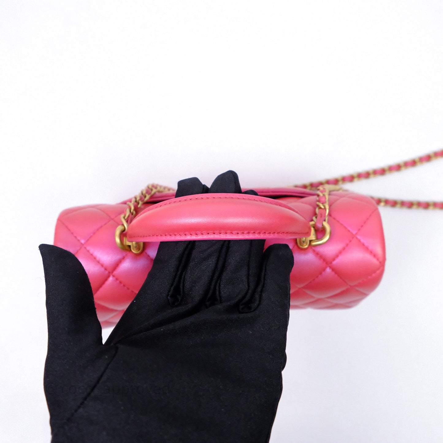 Chanel Top Handle Mini Rectangular Flap Bag Iridescent Dark Pink Lambskin Aged Gold Hardware