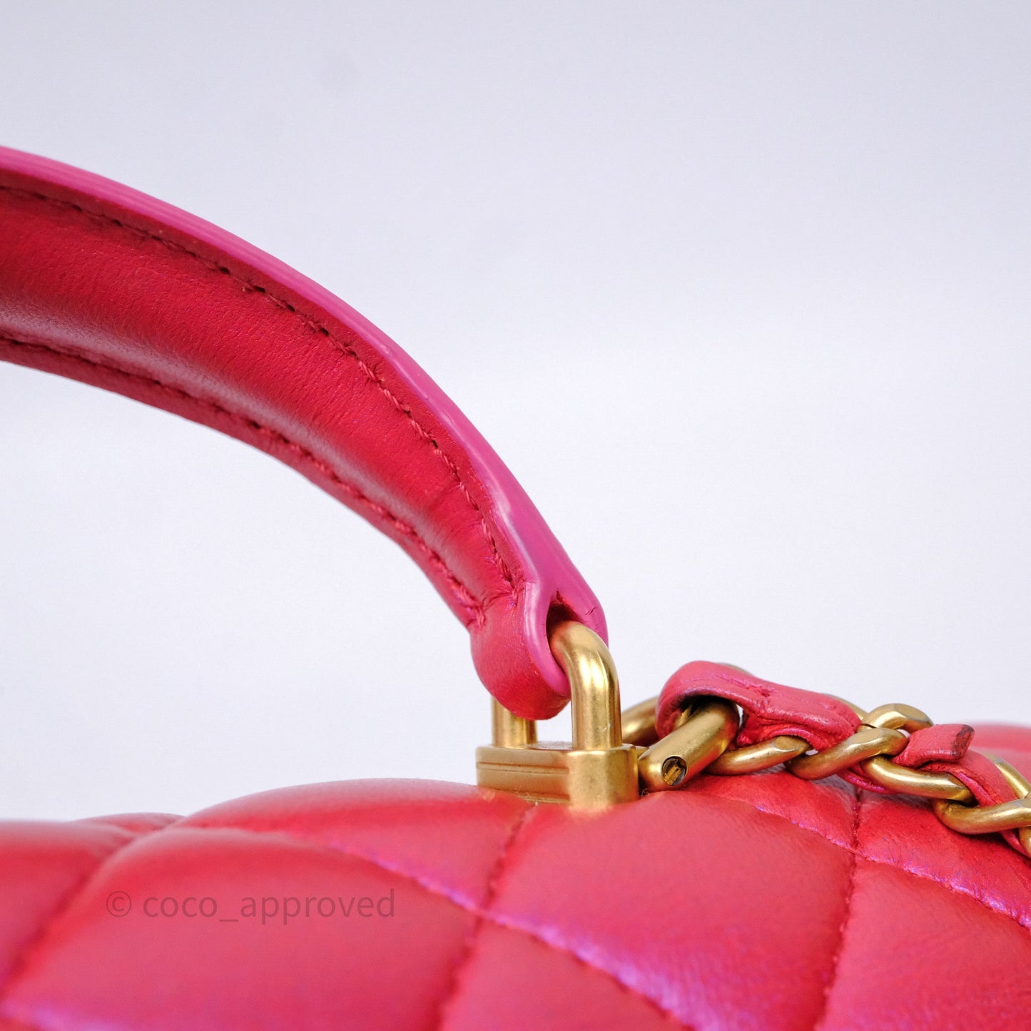 Chanel Top Handle Mini Rectangular Flap Bag Iridescent Dark Pink Lambskin Aged Gold Hardware
