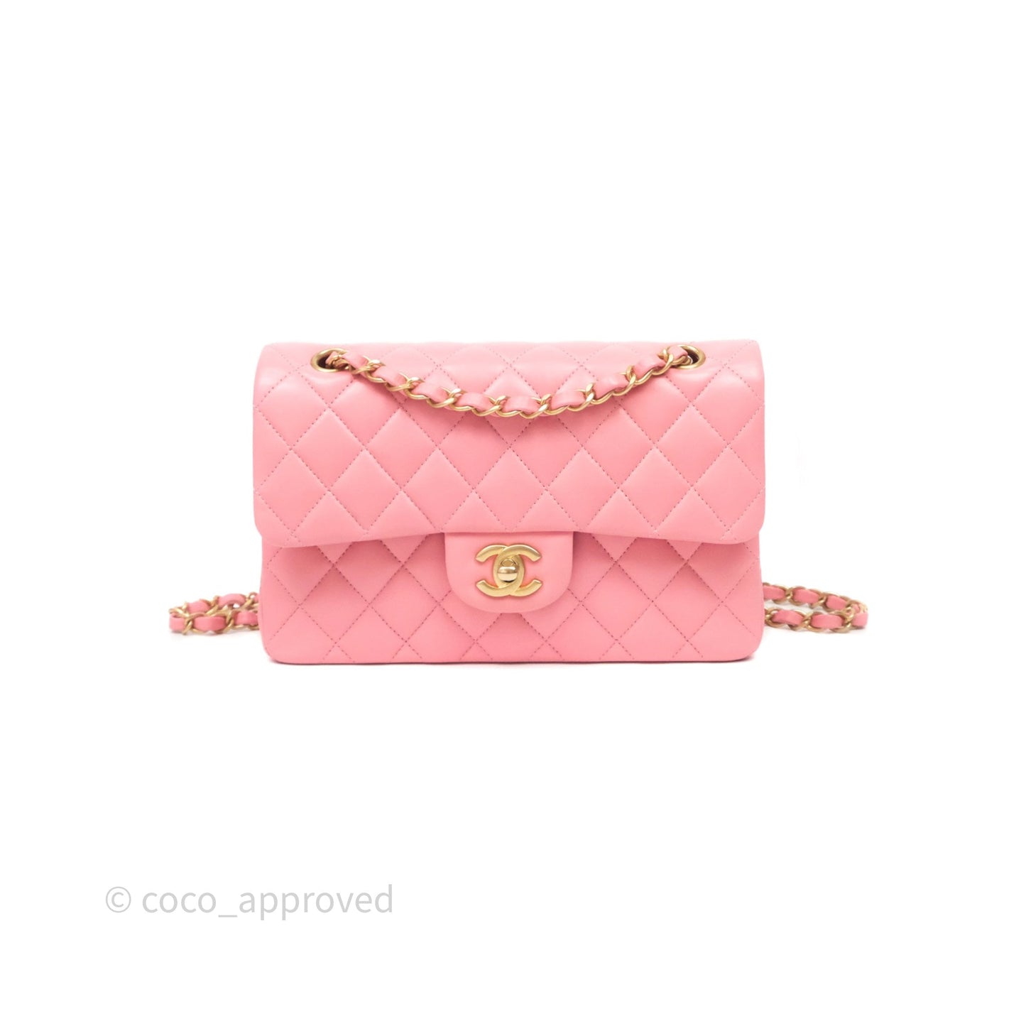Chanel Small Classic Quilted Flap Pink Lambskin Aged Gold Hardware