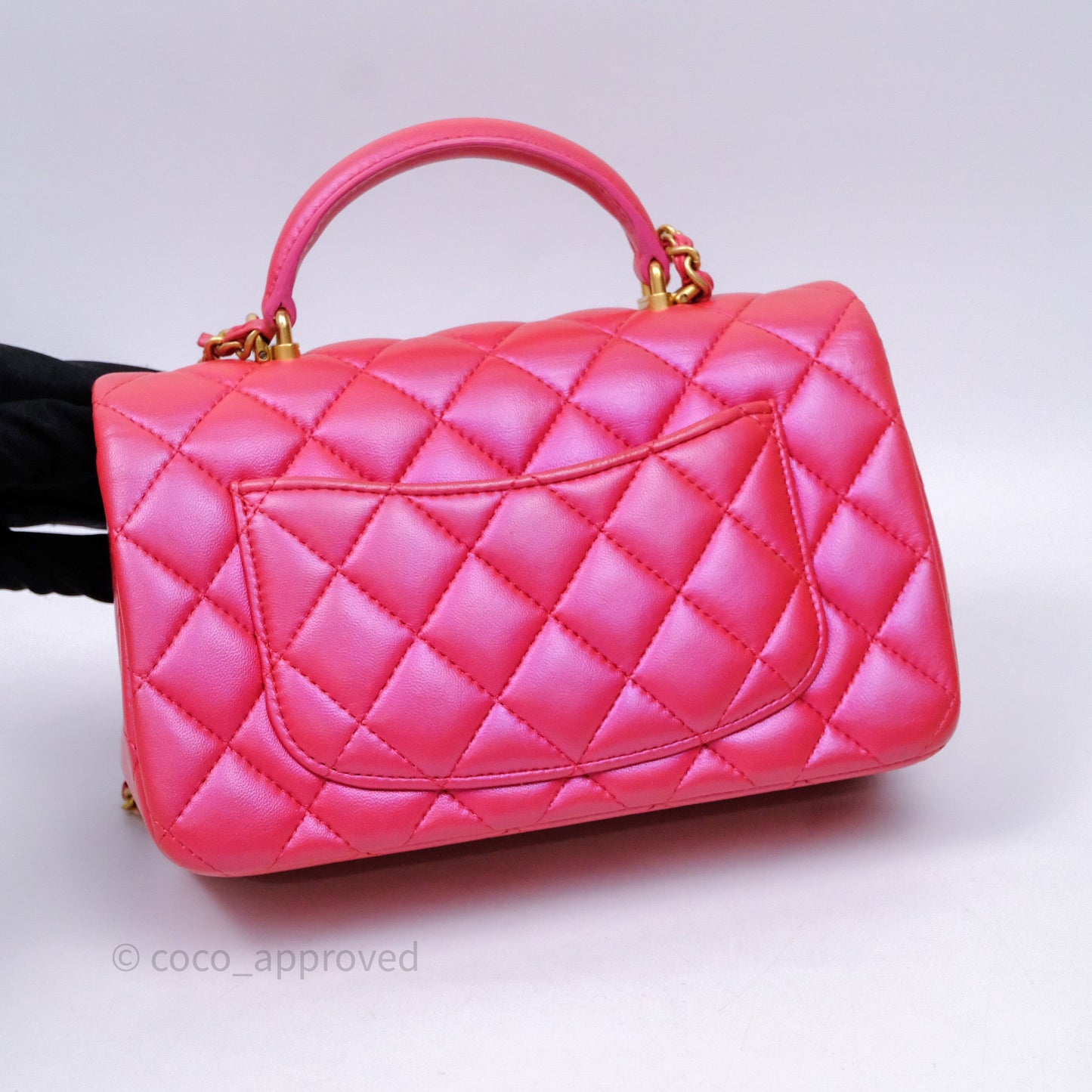 Chanel Top Handle Mini Rectangular Flap Bag Iridescent Dark Pink Lambskin Aged Gold Hardware