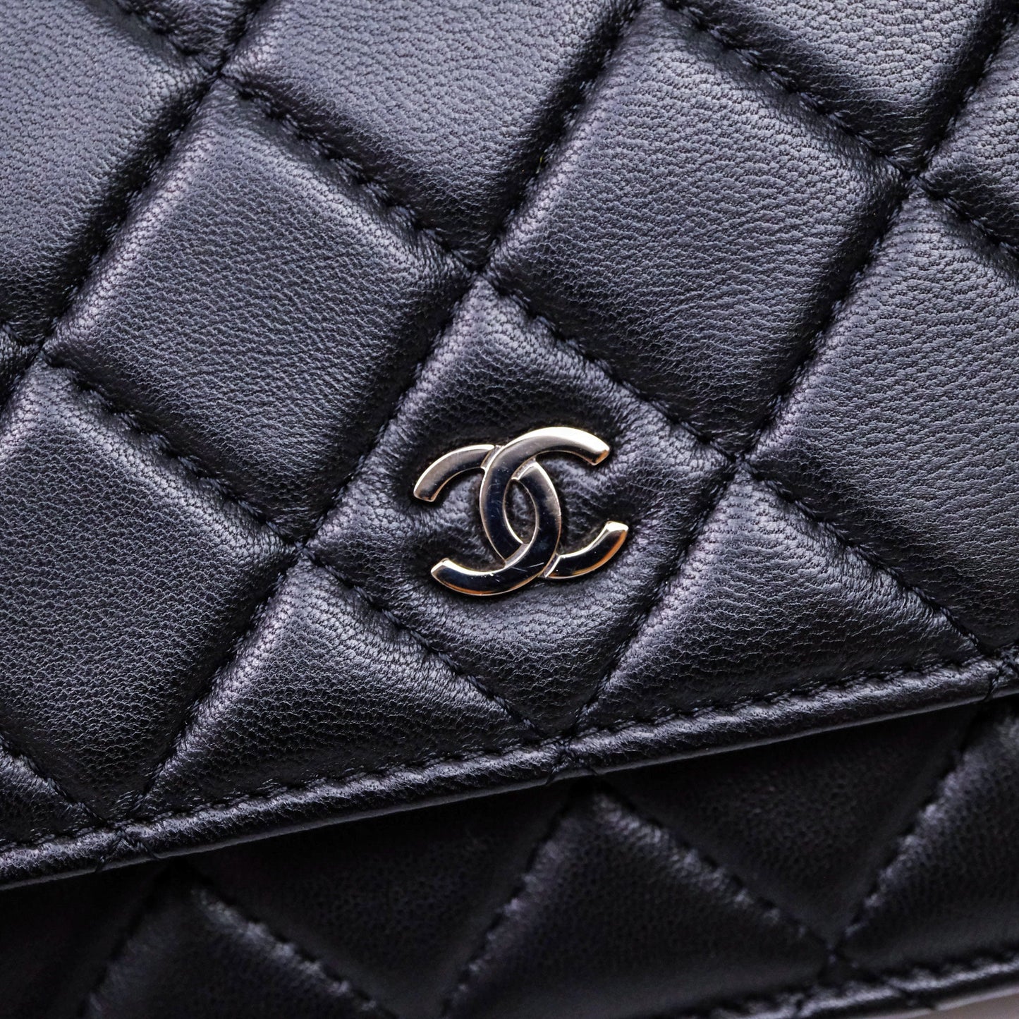 Chanel Quilted Classic Wallet on Chain WOC Black Lambskin Silver Hardware