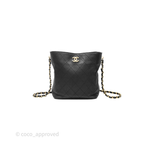 Chanel Quilted Drawstring Bucket Bag Black Calfskin Aged Gold Hardware