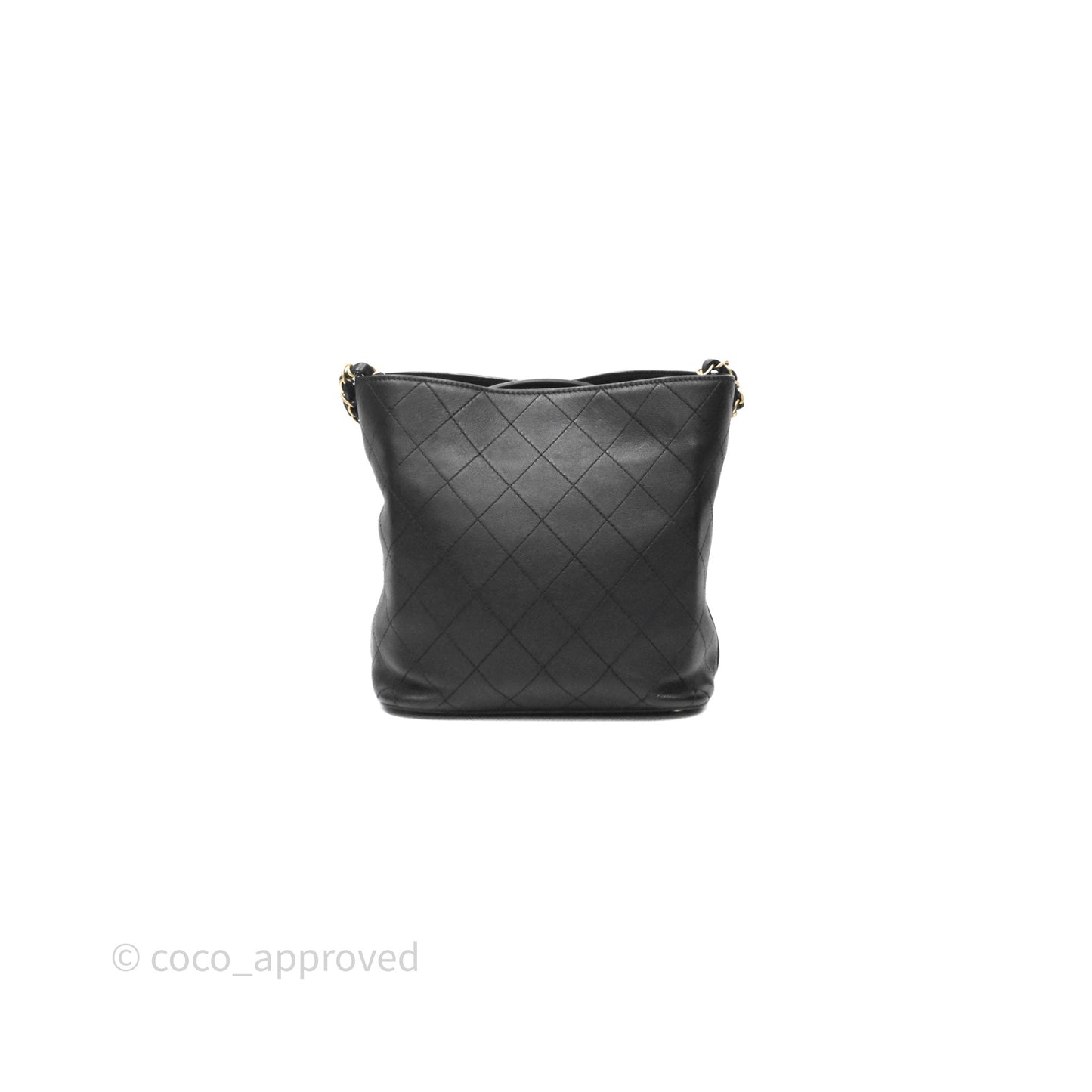 Chanel Quilted Drawstring Bucket Bag Black Calfskin Aged Gold Hardware