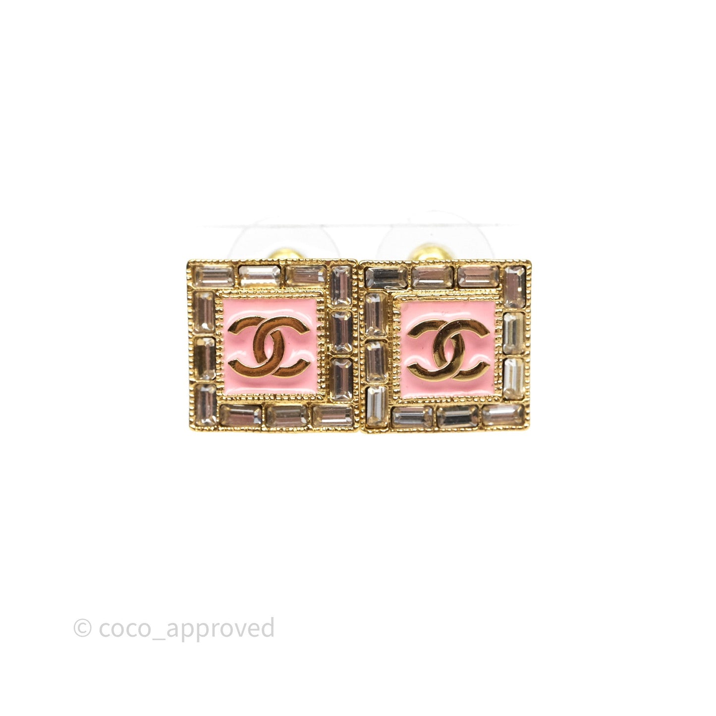 Chanel Square Crystal Pink CC Earrings Gold Tone 24S