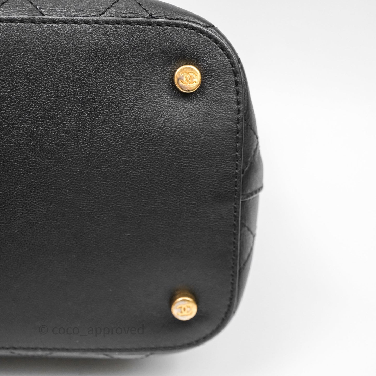 Chanel Quilted Drawstring Bucket Bag Black Calfskin Aged Gold Hardware