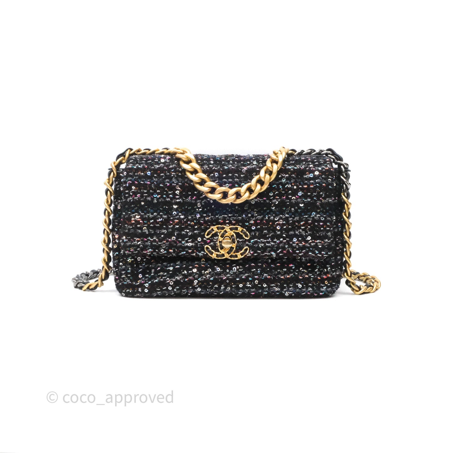 Chanel 19 Small Tweed Sequin Quilted Flap Black Multicolor Mixed Hardware