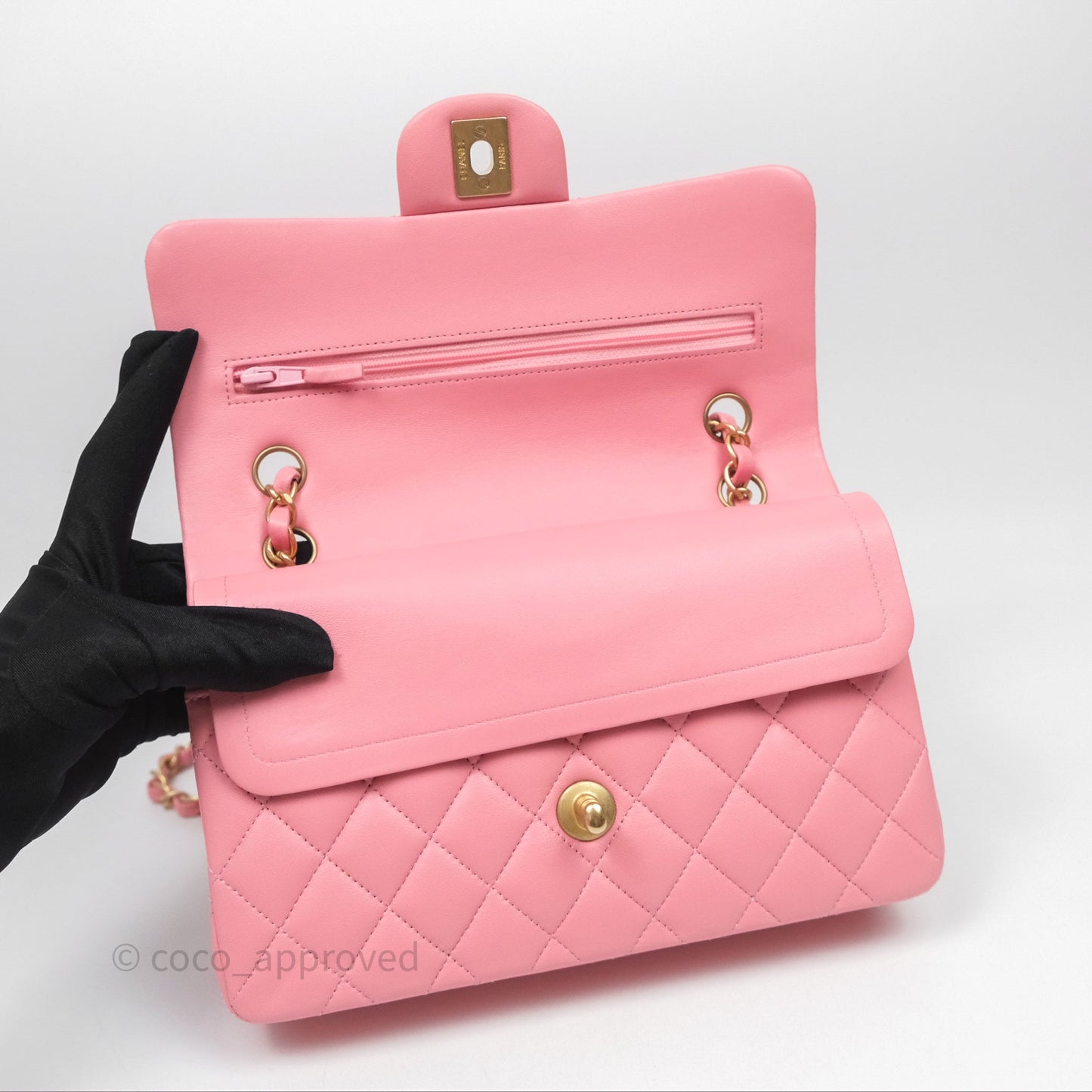Chanel Small Classic Quilted Flap Pink Lambskin Aged Gold Hardware