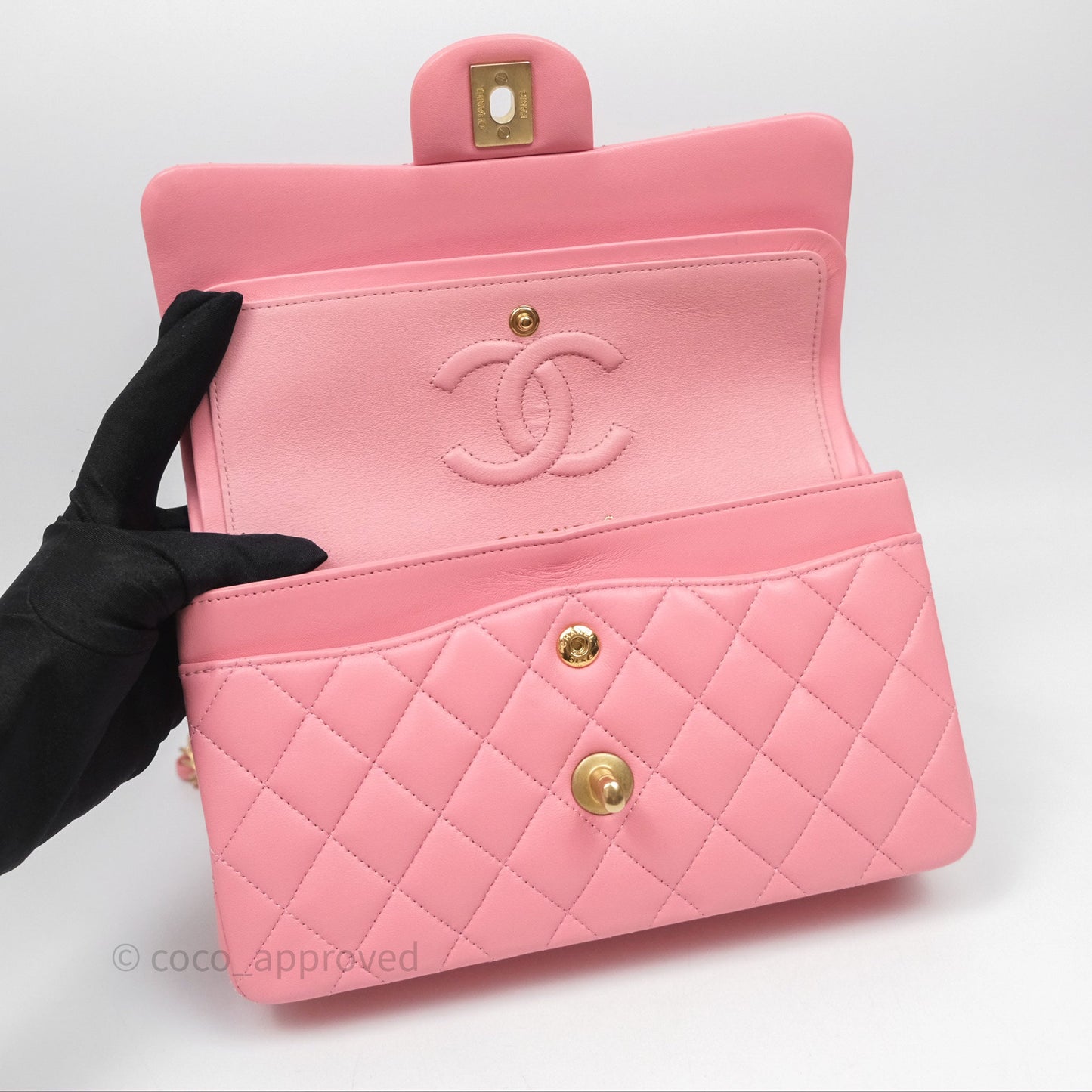 Chanel Small Classic Quilted Flap Pink Lambskin Aged Gold Hardware