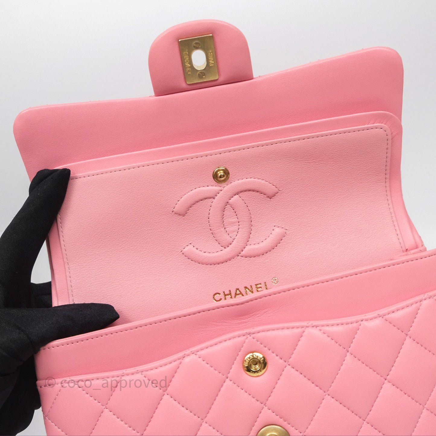 Chanel Small Classic Quilted Flap Pink Lambskin Aged Gold Hardware