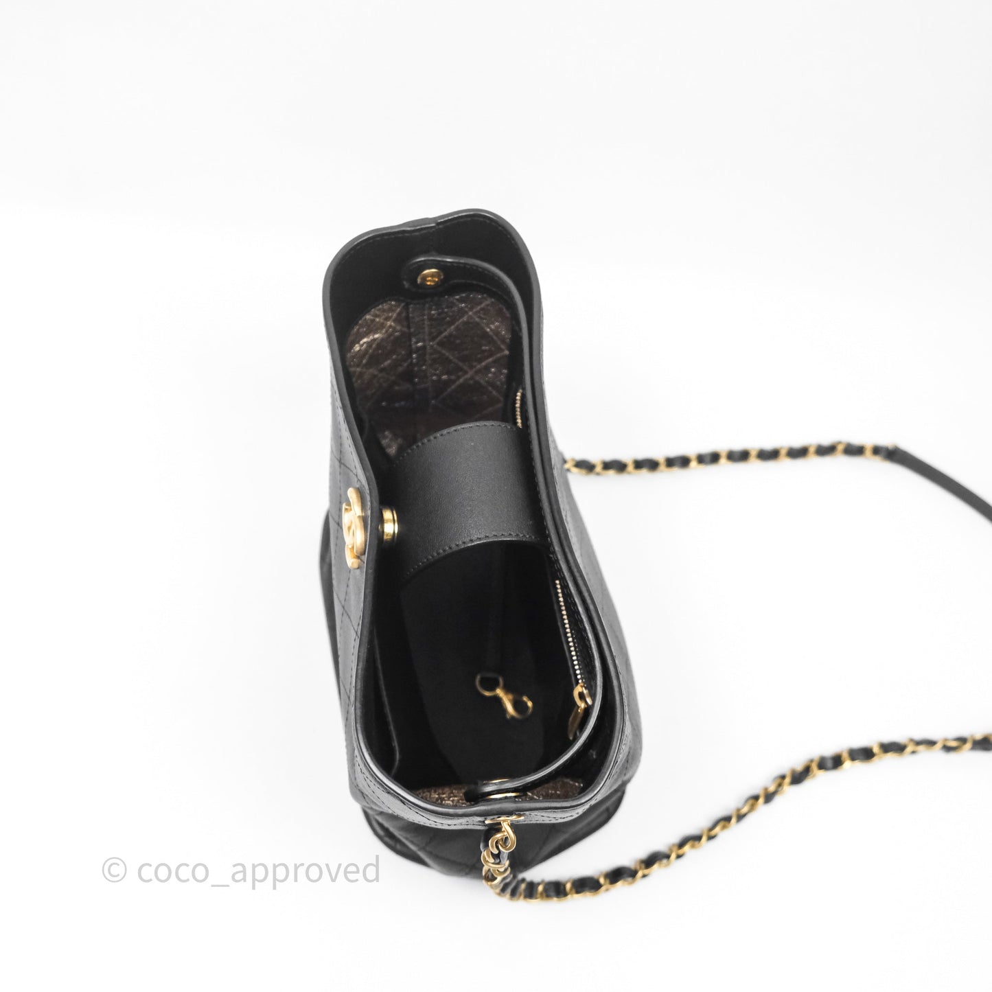 Chanel Quilted Drawstring Bucket Bag Black Calfskin Aged Gold Hardware