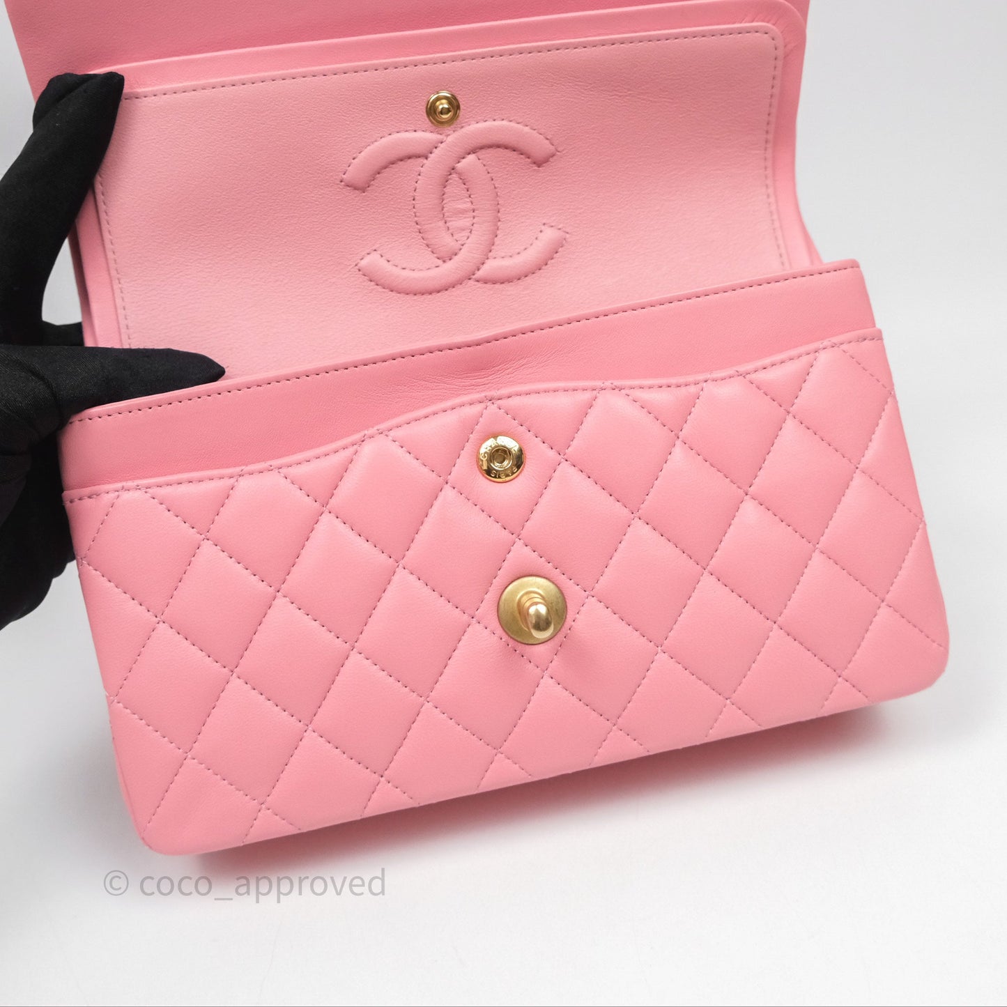 Chanel Small Classic Quilted Flap Pink Lambskin Aged Gold Hardware
