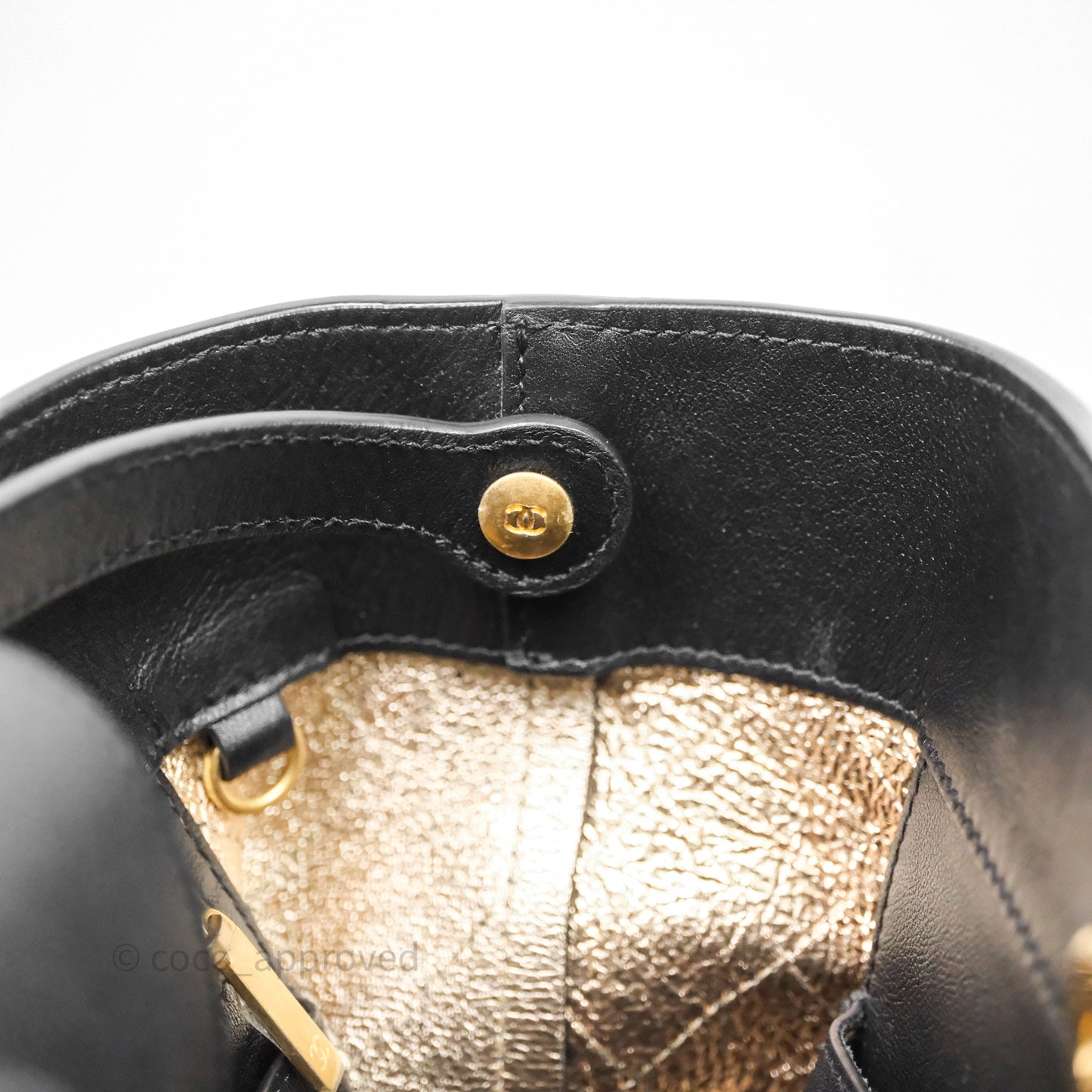 Chanel Quilted Drawstring Bucket Bag Black Calfskin Aged Gold Hardware