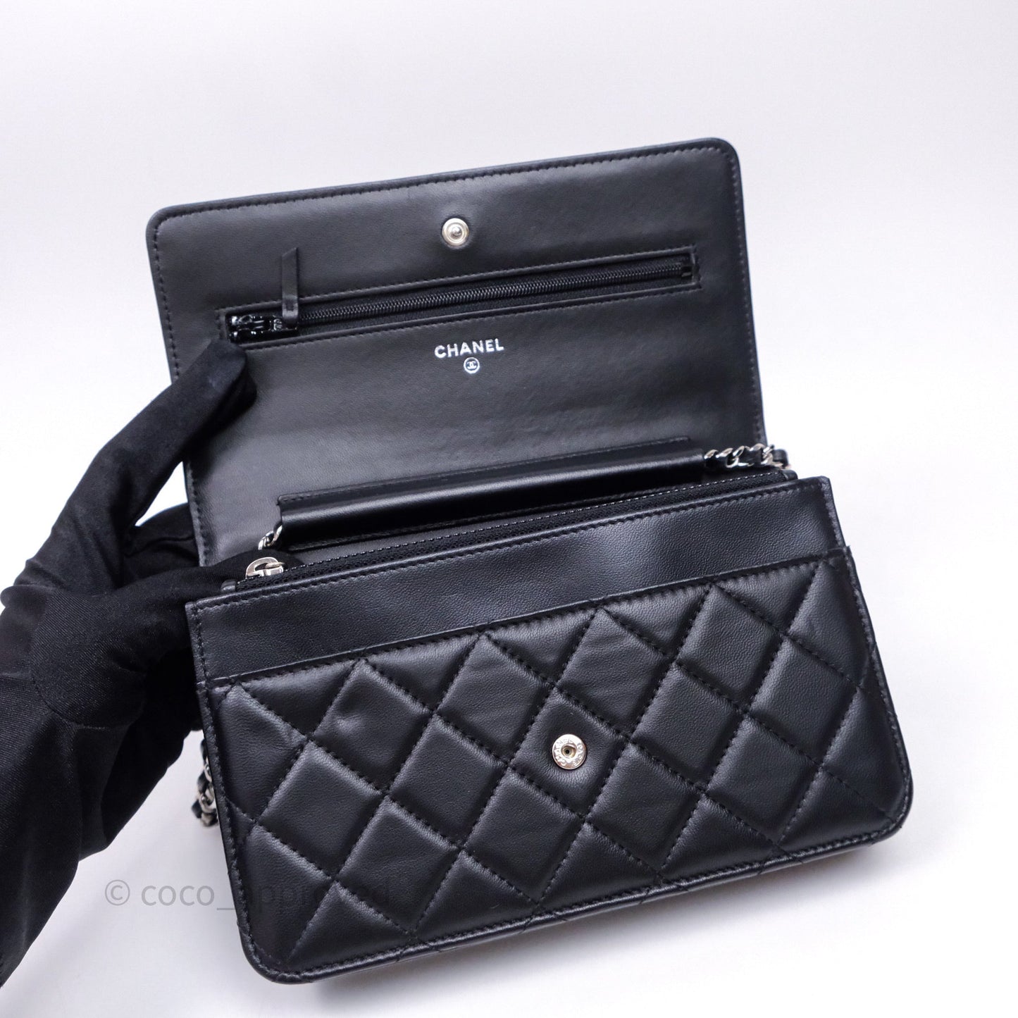 Chanel Quilted Classic Wallet on Chain WOC Black Lambskin Silver Hardware