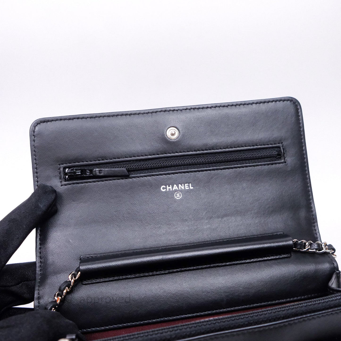 Chanel Quilted Classic Wallet on Chain WOC Black Lambskin Silver Hardware