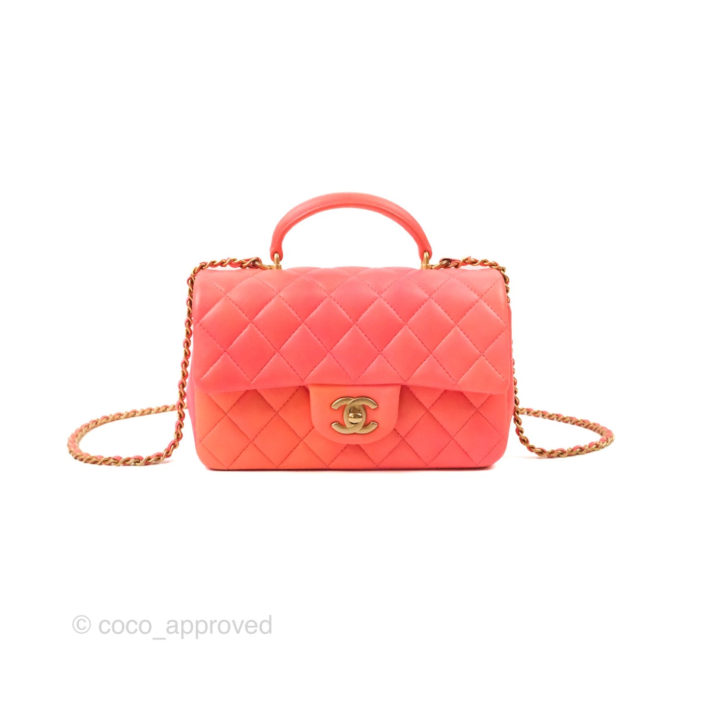 Chanel Top Handle Mini Rectangular Flap Pink Orange Ombre Lambskin Gold Hardware