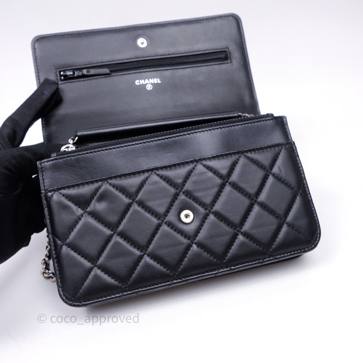 Chanel Quilted Classic Wallet on Chain WOC Black Lambskin Silver Hardware