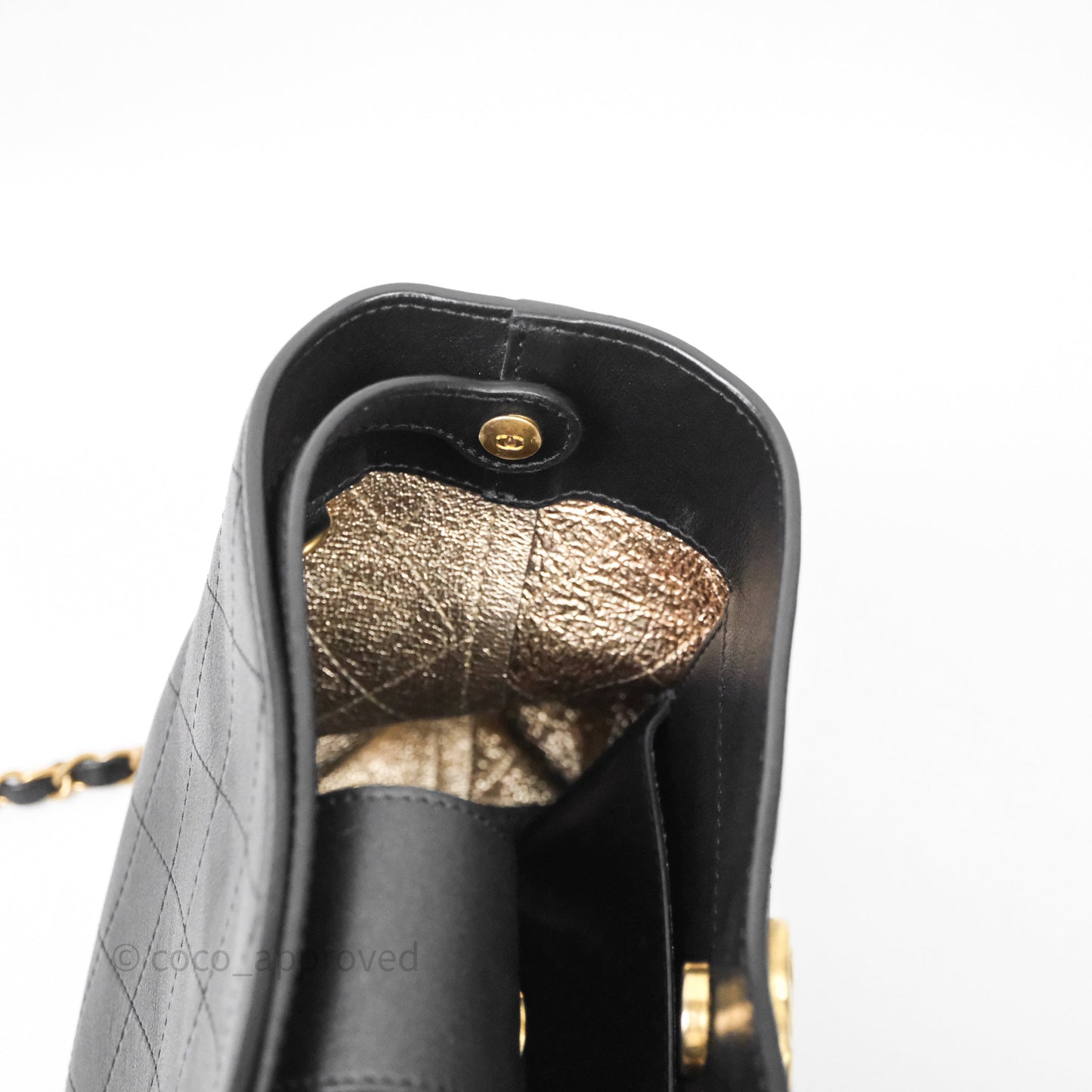 Chanel Quilted Drawstring Bucket Bag Black Calfskin Aged Gold Hardware