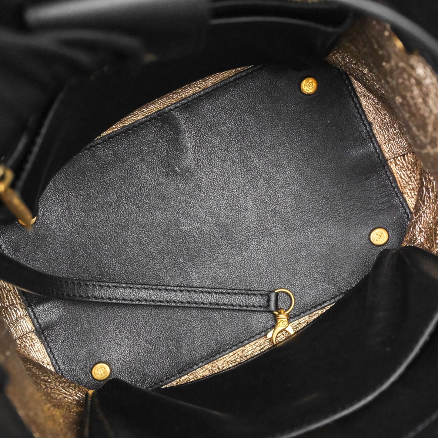 Chanel Quilted Drawstring Bucket Bag Black Calfskin Aged Gold Hardware