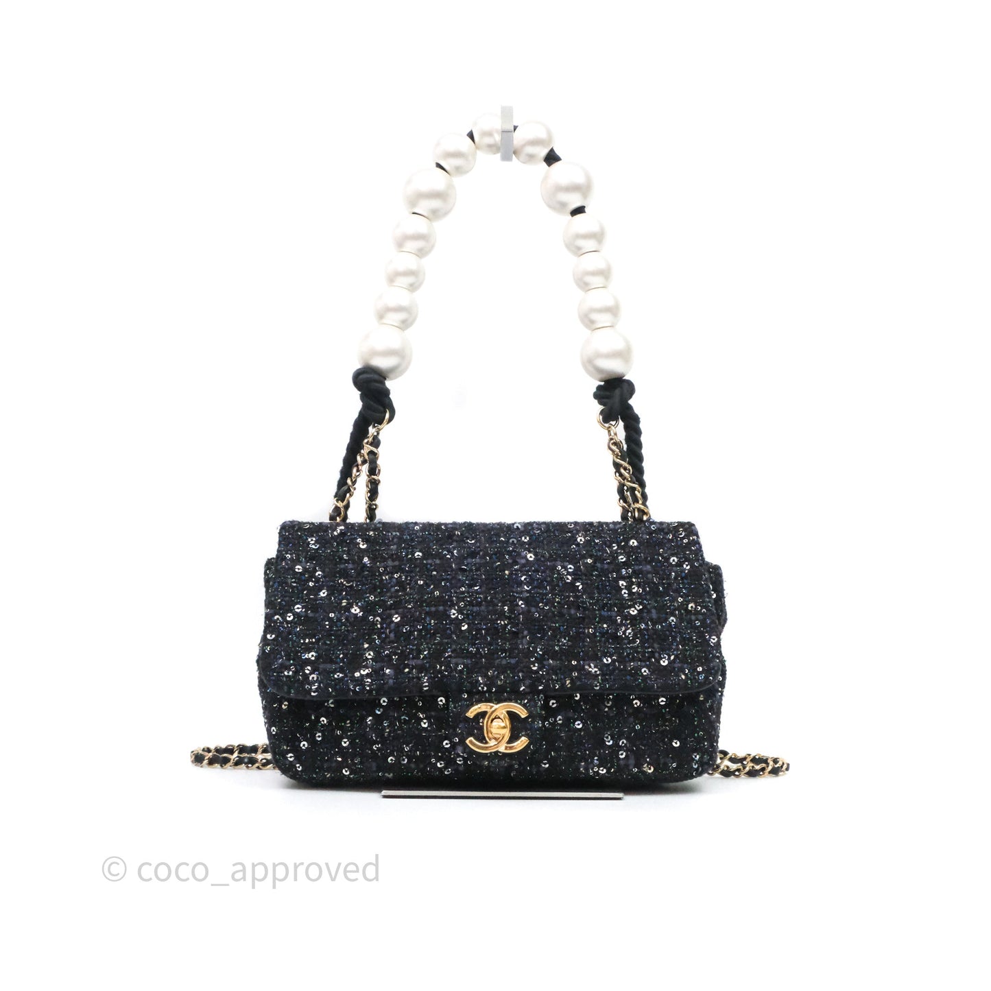 Chanel Small Tweed Sequin Flap Navy With Pearl Chain Gold Hardware