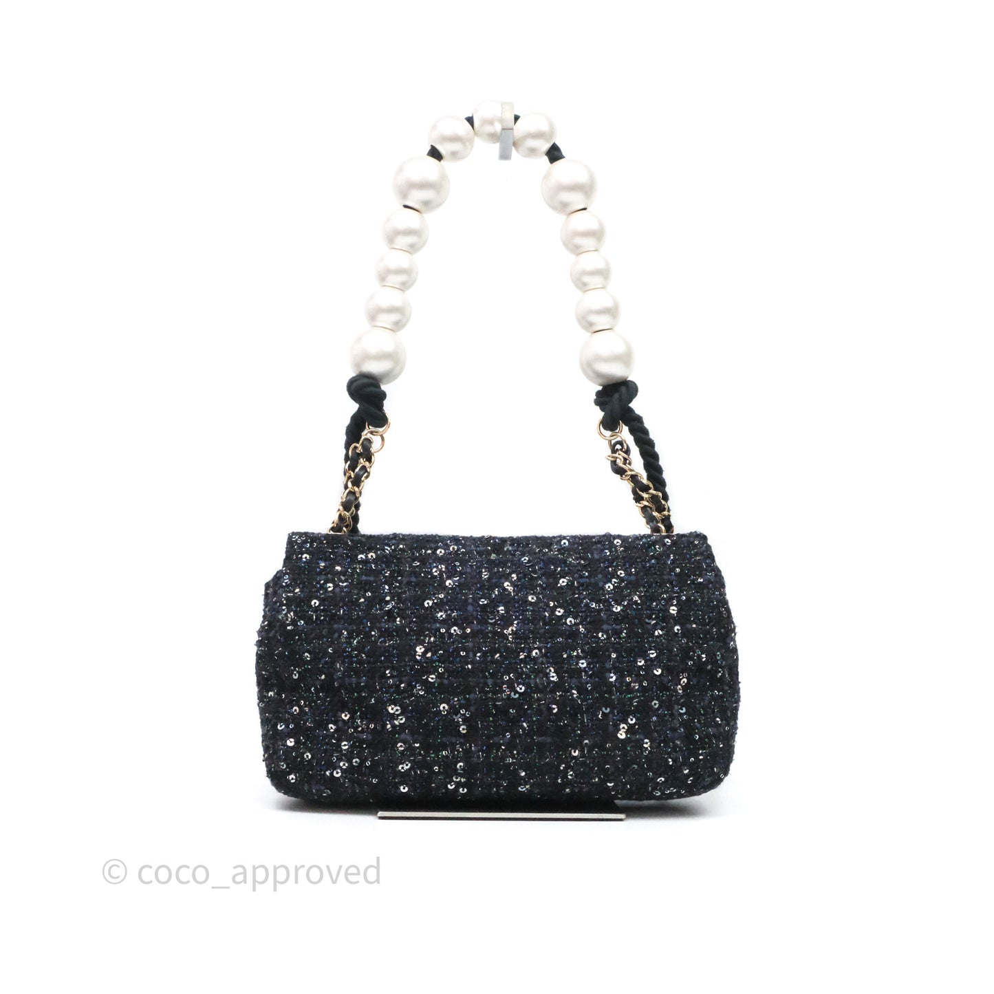 Chanel Small Tweed Sequin Flap Navy With Pearl Chain Gold Hardware