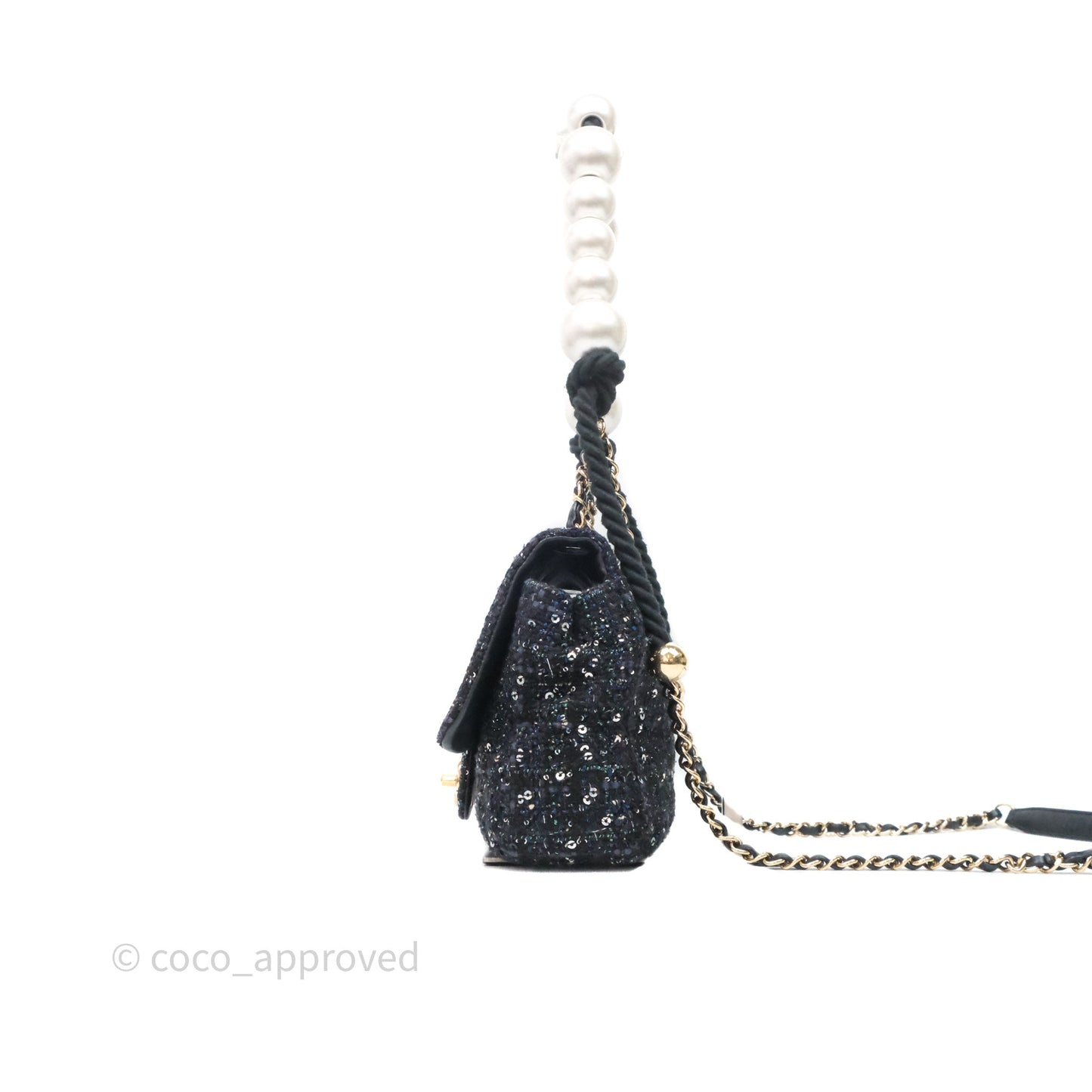 Chanel Small Tweed Sequin Flap Navy With Pearl Chain Gold Hardware