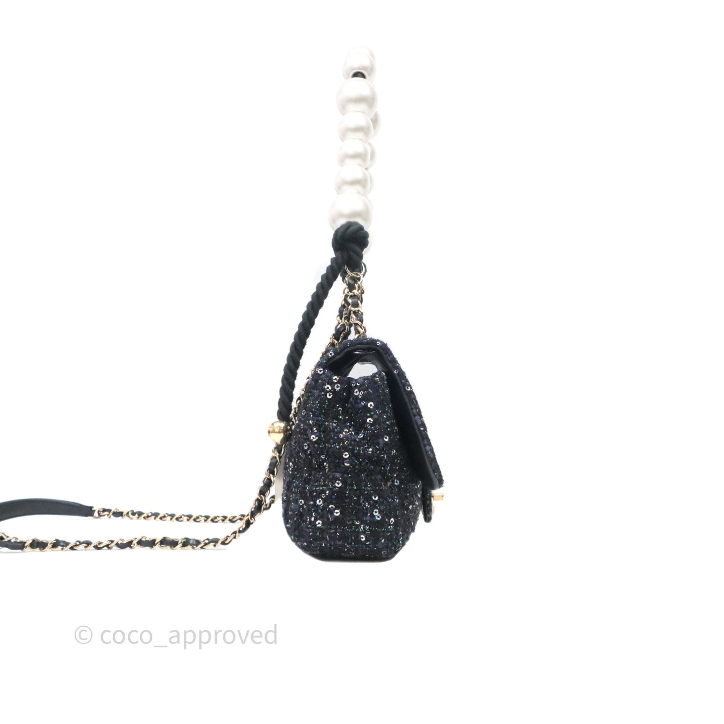 Chanel Small Tweed Sequin Flap Navy With Pearl Chain Gold Hardware