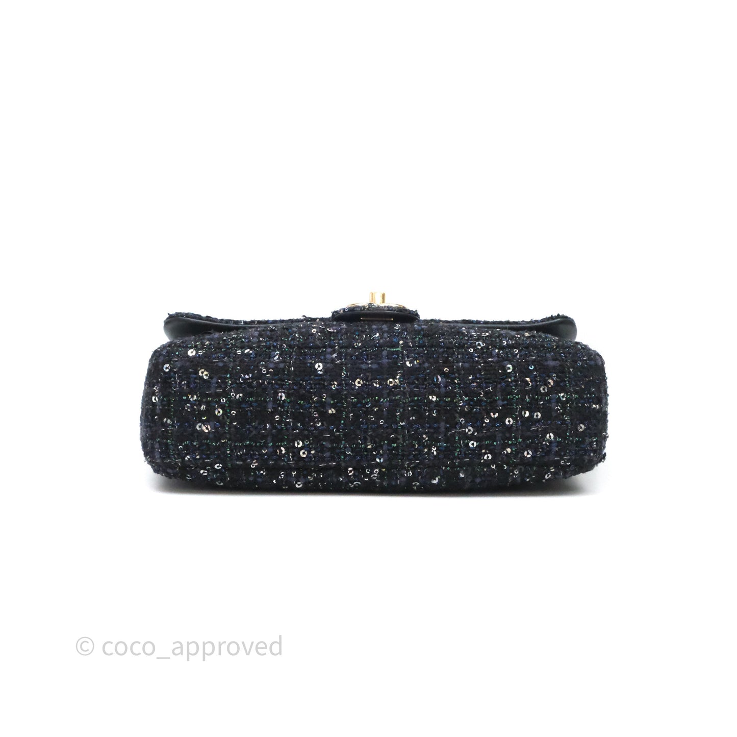 Chanel Small Tweed Sequin Flap Navy With Pearl Chain Gold Hardware