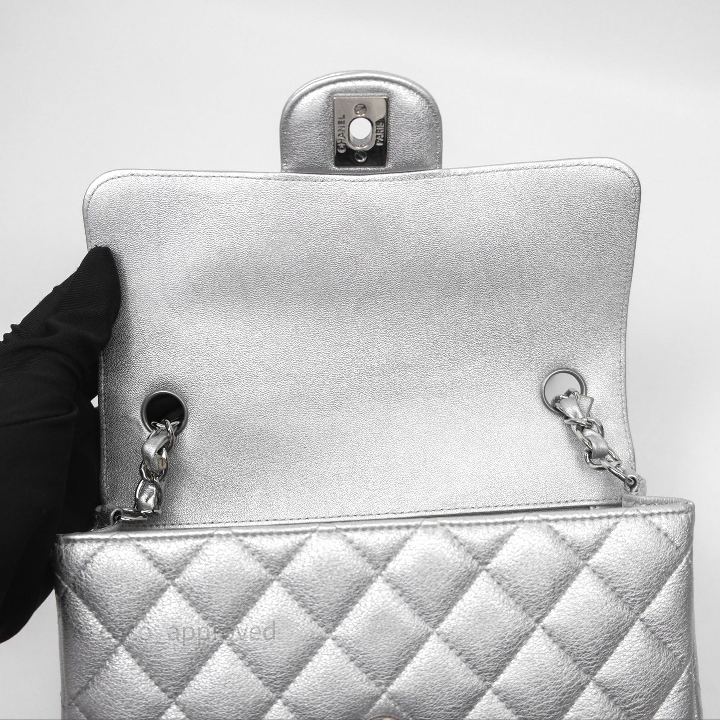 Chanel Quilted Mini Rectangular Flap Metallic Silver Lambskin Silver Hardware