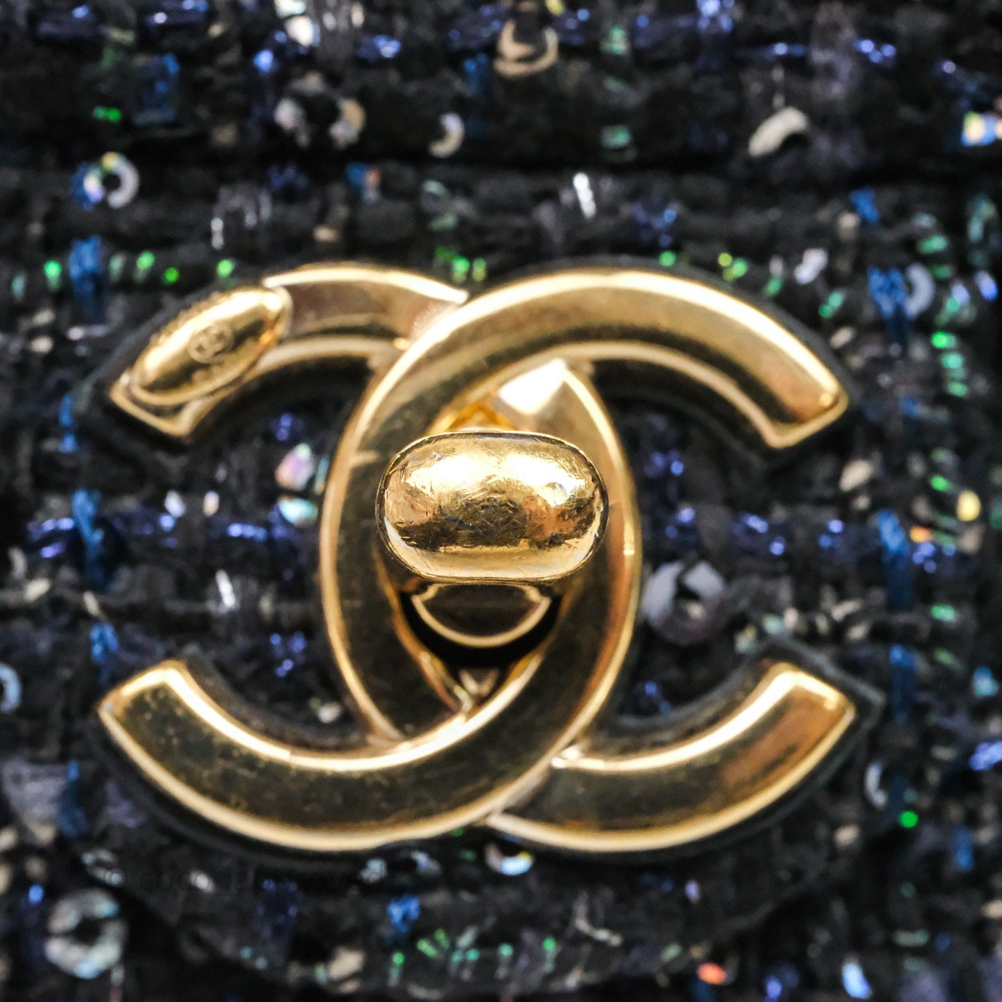 Chanel Small Tweed Sequin Flap Navy With Pearl Chain Gold Hardware