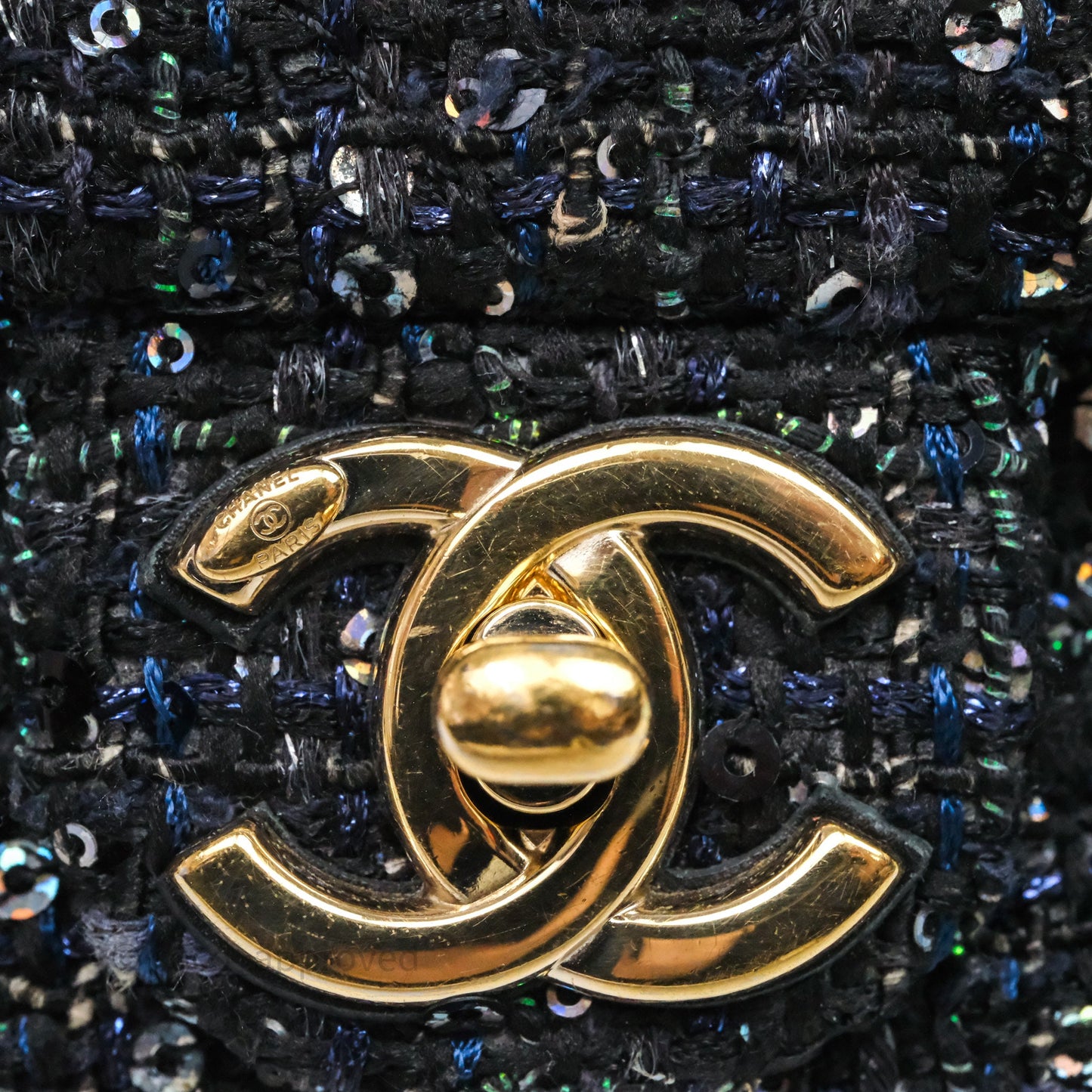 Chanel Small Tweed Sequin Flap Navy With Pearl Chain Gold Hardware