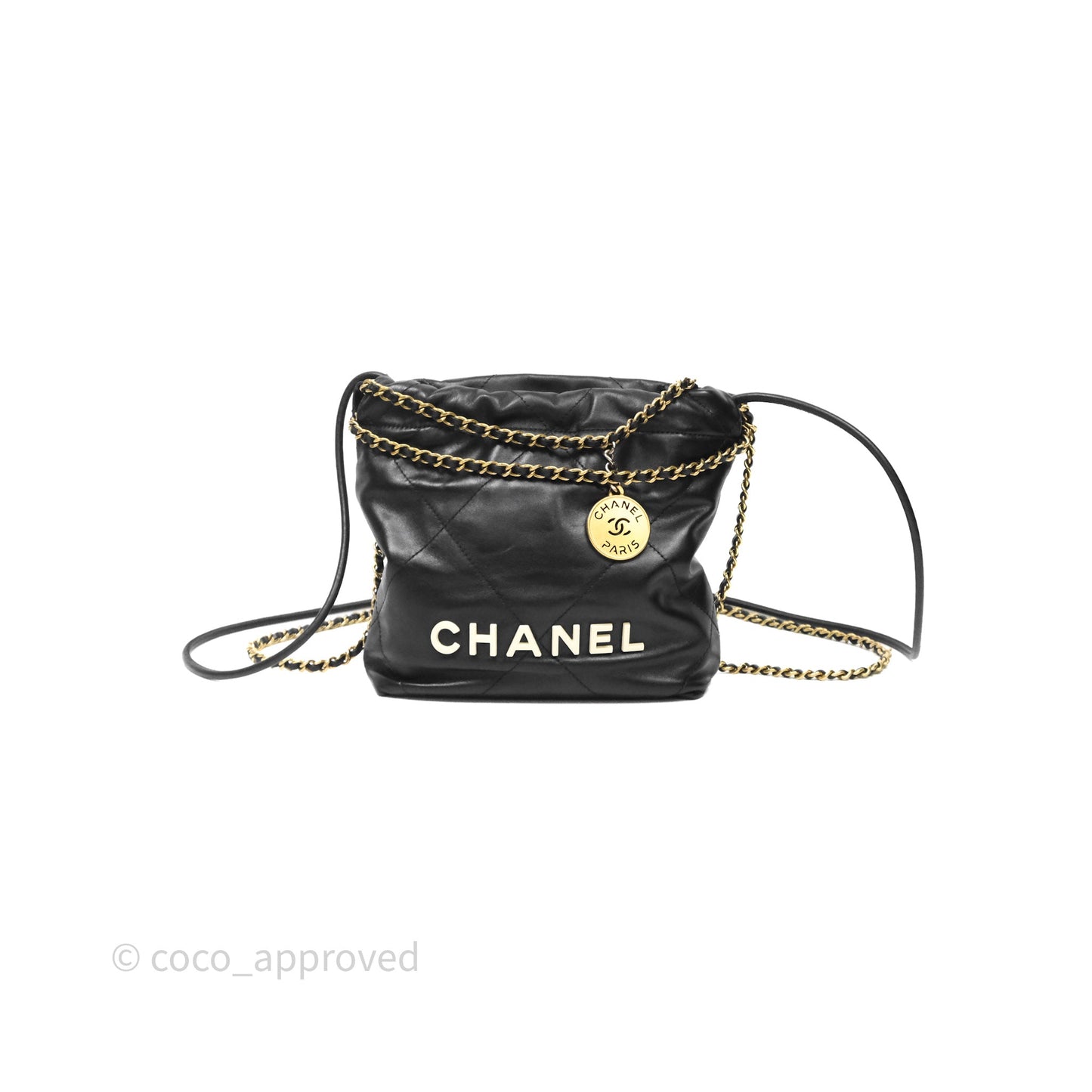 Chanel 22 Mini Bag Black Crumpled Calfskin White Lacquered Metal Logo