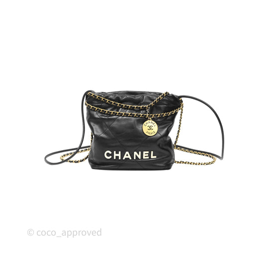 Chanel 22 Mini Bag Black Crumpled Calfskin White Lacquered Metal Logo