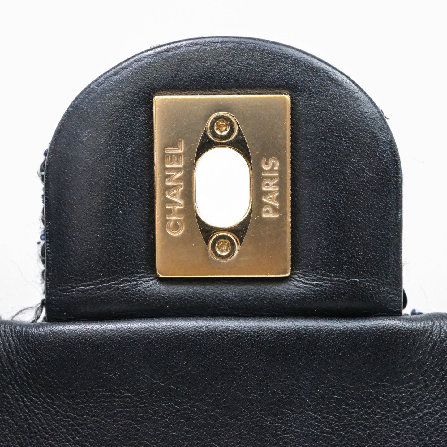 Chanel Small Tweed Sequin Flap Navy With Pearl Chain Gold Hardware